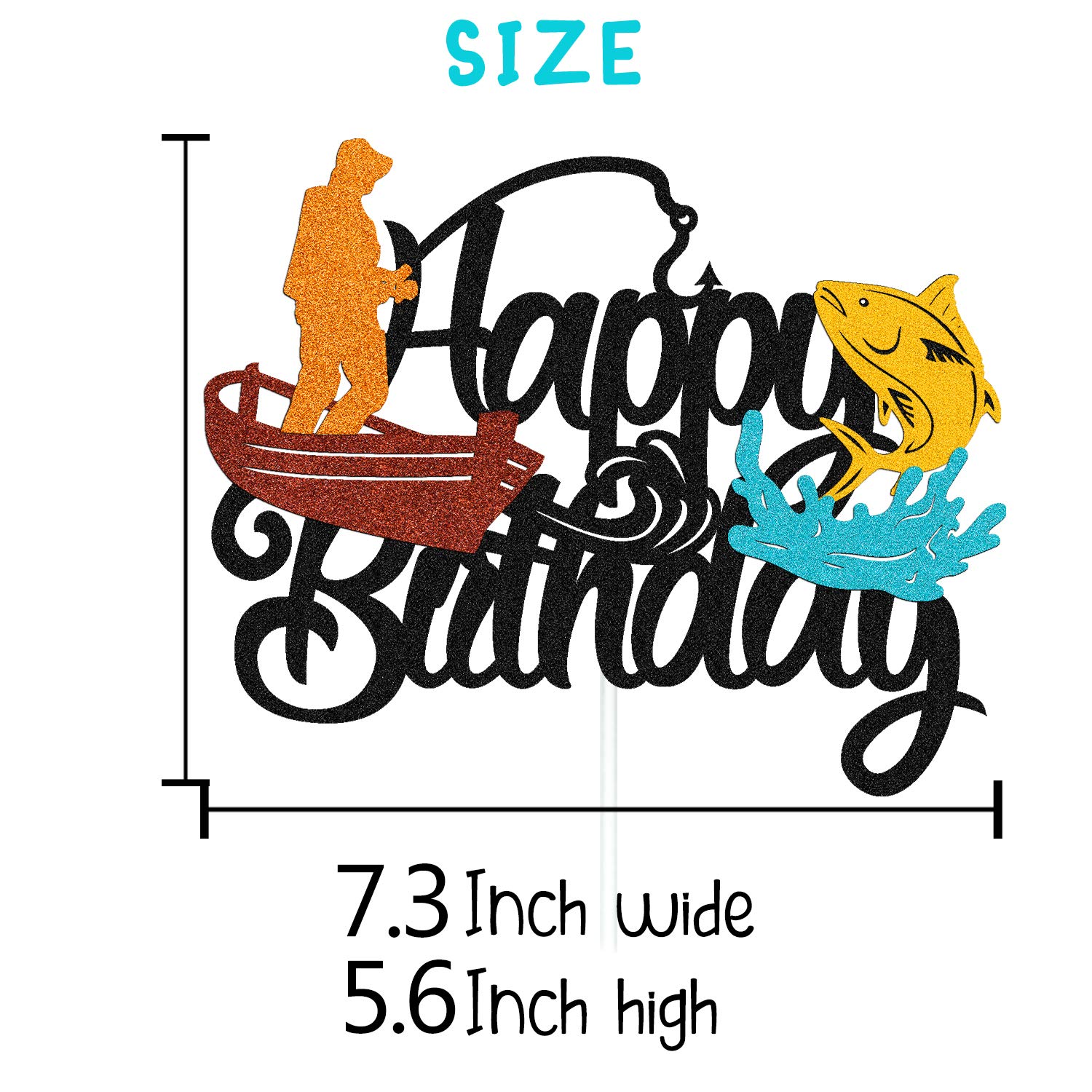 Double Sided Fish Cake Topper - Fishing Pole, Bait & Boat Themed Birthday Decoration for Kids | Perfect for Fishermen, Angler & Fishing Party Supplies | Ideal for Boys, Girls & Children's Birthday Cakes