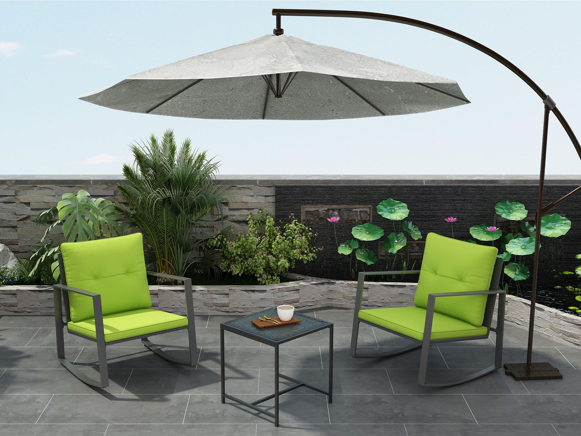 3-Piece Rocking Bistro Set - Black Metal Frame with Green Synthetic Wicker & Soft Cushions - Outdoor Patio Furniture with Glass Coffee Table & 2 Chairs - Perfect for Balcony, Porch, Garden or Backyard Relaxation