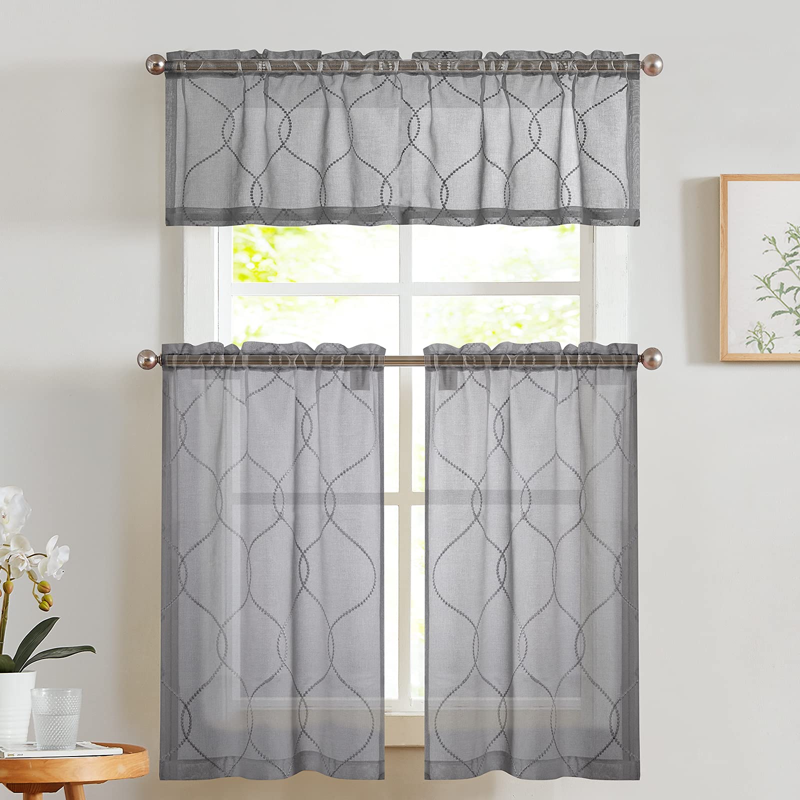 Vangao Grey Kitchen Curtains 3 Piece Set - 36 Inch Length Sheer Curtains with Embroidered Moroccan Trellis Pattern, Light Filtering Window Drapes & Valances for Modern Farmhouse, Apartment, or Cottage Style Kitchen Decor
