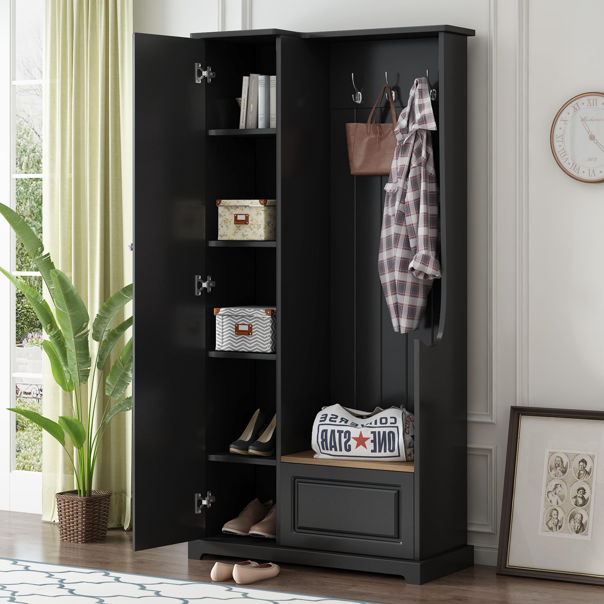 3-in-1 Hall Tree with Bench, Shoe Storage & Coat Rack - Multifunctional Entryway Organizer with Flip-Up Storage, Adjustable Shelves & Tall Wood Cabinet - Perfect for Hallway, Foyer & Mudroom Organization (Black)