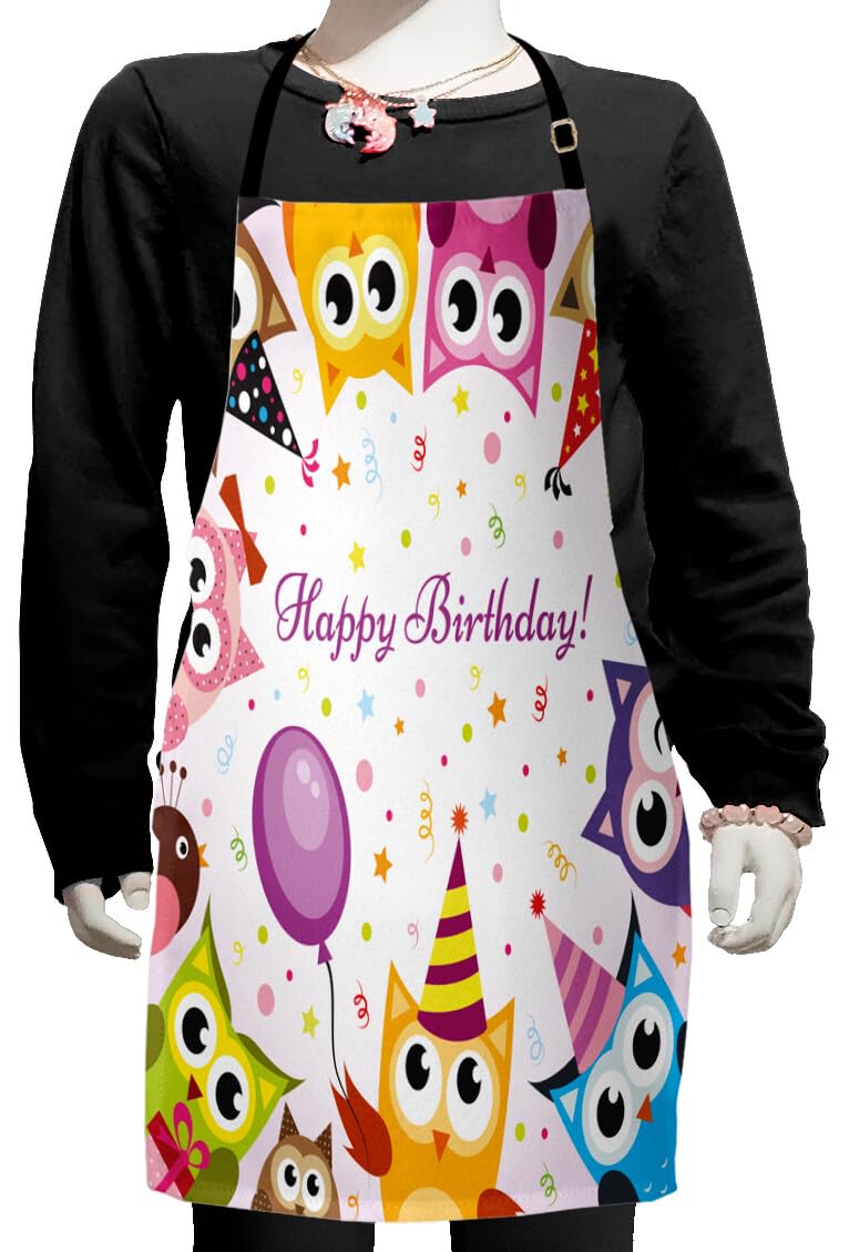 Ambesonne Birthday Party Apron - Colorful Owl Family Design with Cone Hats, Adjustable Ties for Baking, Painting & Cooking - Perfect for Birthday Celebrations, Kitchen Activities & DIY Crafts