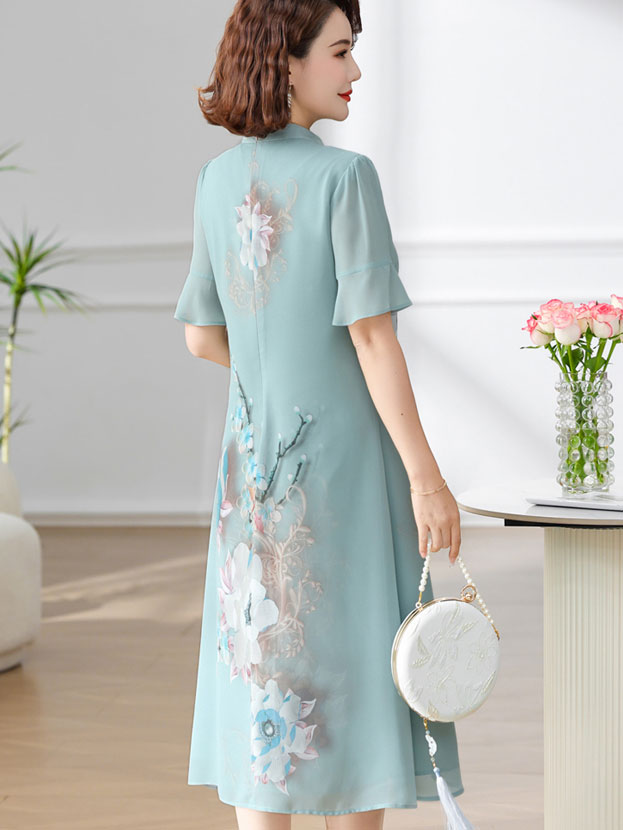 Elegant Floral Print A-Line Qipao Cheongsam Dress for Women - Vintage Chinese Style Mother's Day Gift & Special Occasion Outfit
