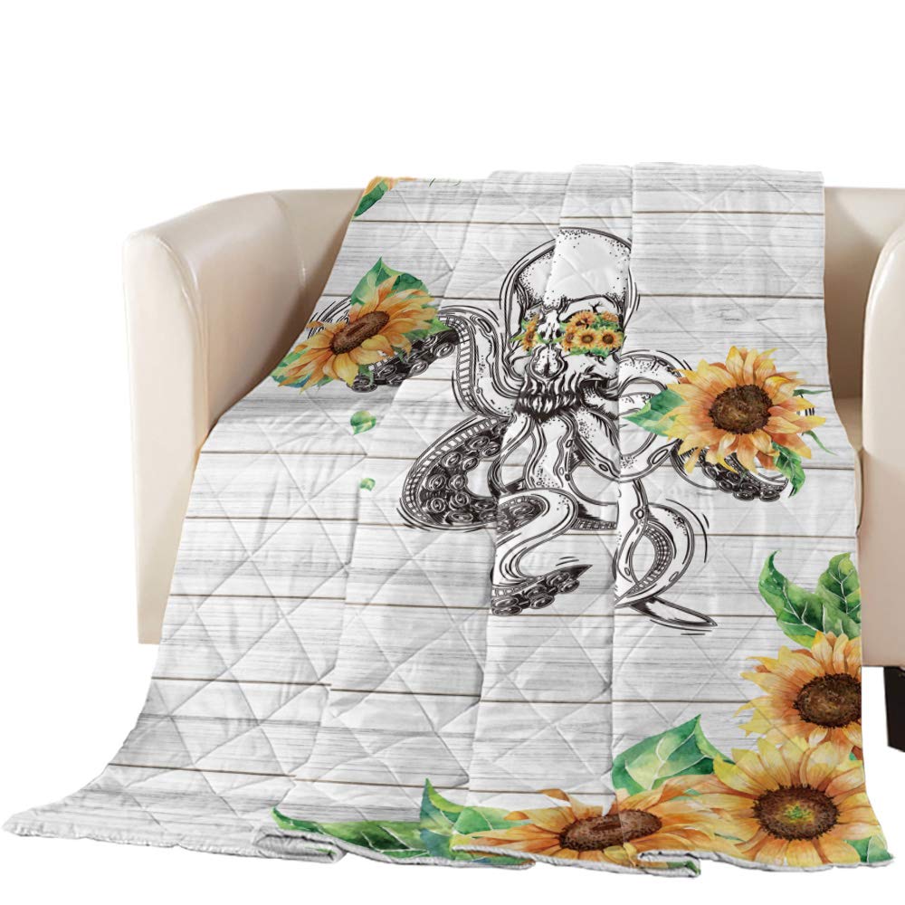Queen Size Octopus Skull with Sunflower Glames Wood Grain Bedspread Quilt - All-Season Soft Comforter, Duvet Insert or Stand-Alone Blanket for Bed, Sofa - Perfect for Adults, Kids, Teens Room Decor & Cozy Home Use