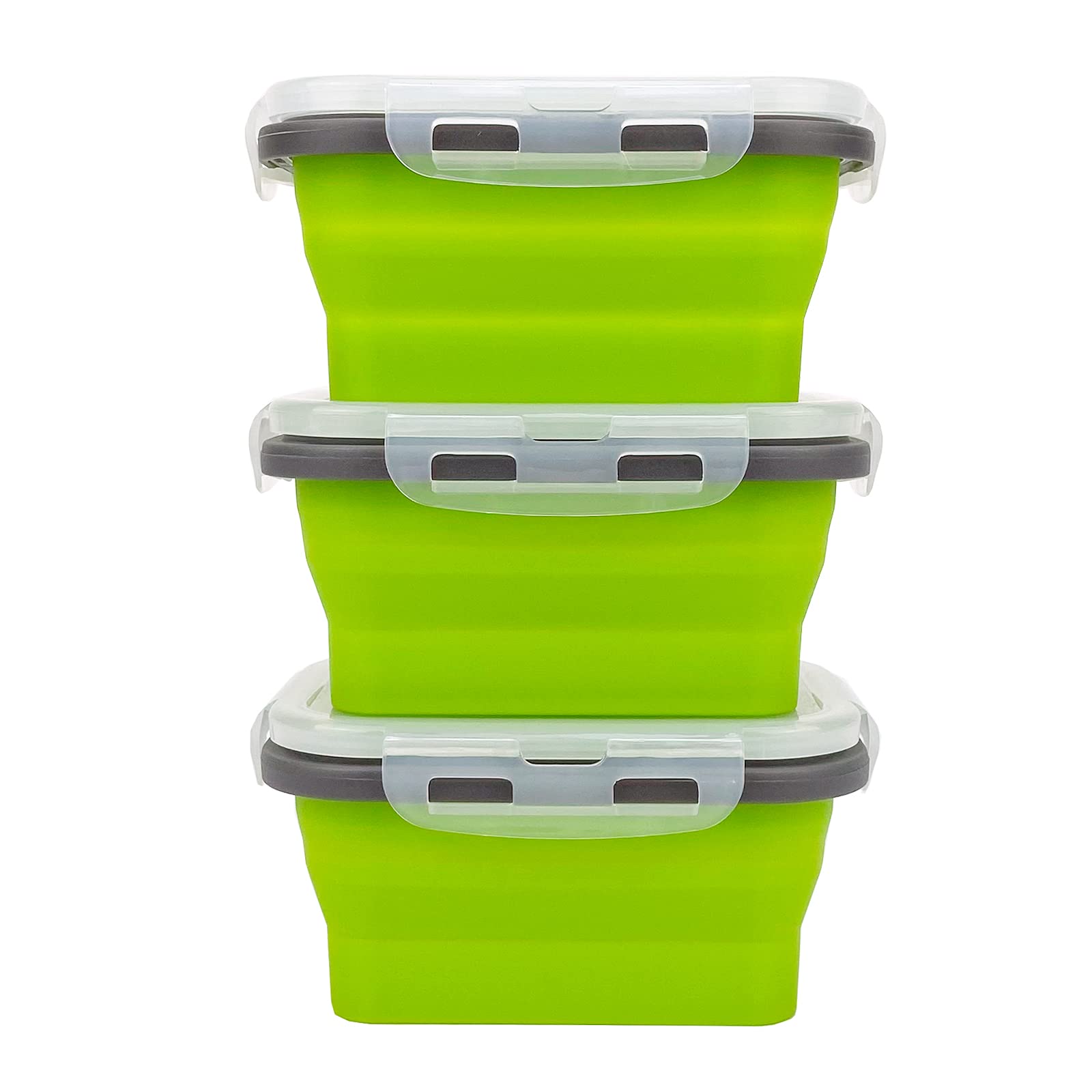 3-Piece Collapsible Food Storage Containers with Lids - Microwave & Freezer Safe Silicone Lunch Box - Space Saving for Kitchen, Camping & Travel (Green Gray) | Perfect for Meal Prep, Office Lunch & Outdoor Adventures
