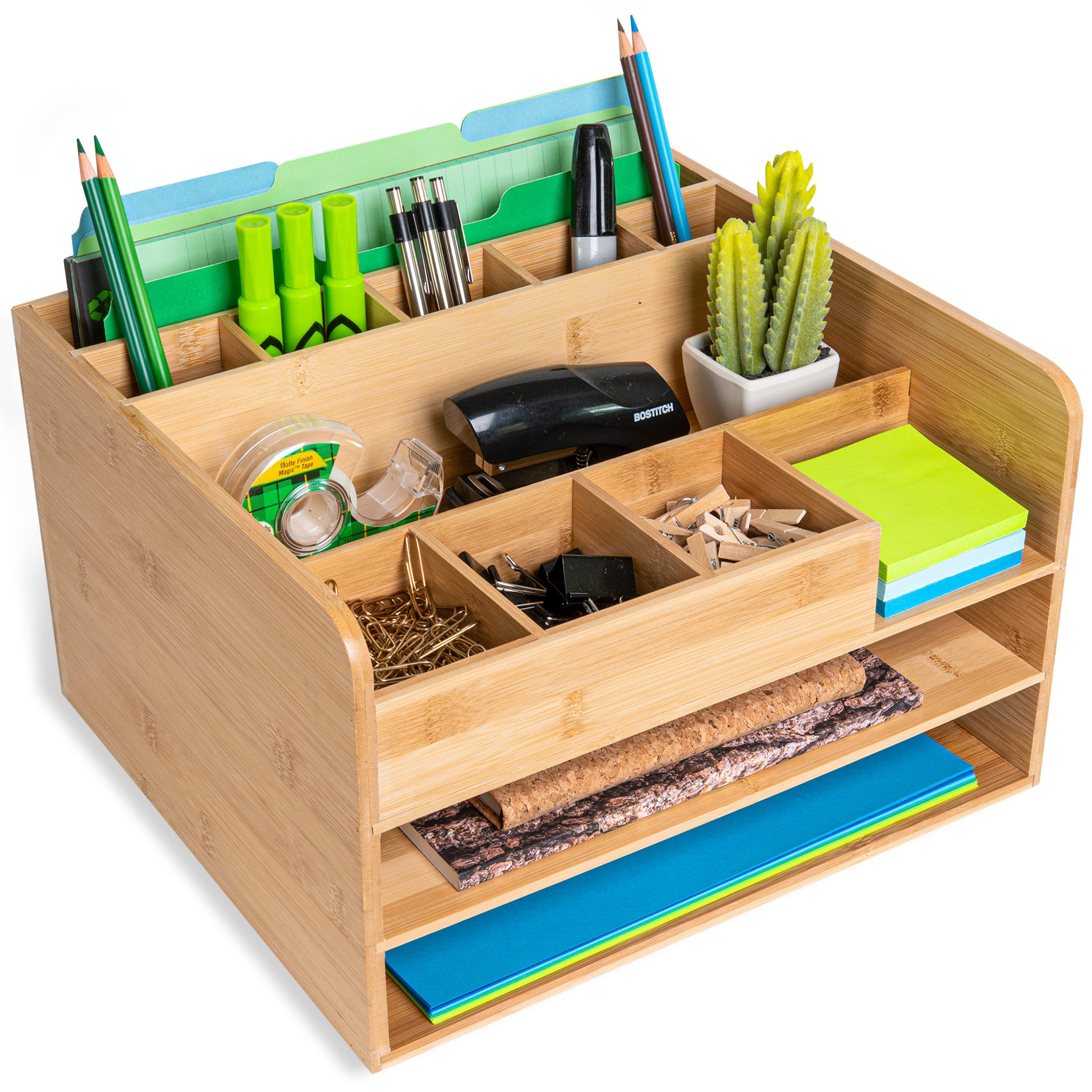 Premium Bamboo Wood Desk Organizer - 2-Tier File Trays & Storage Bins for Vertical Files, Pens, Notepads & Office Supplies | Perfect for Home Office, Study & Workspace Organization