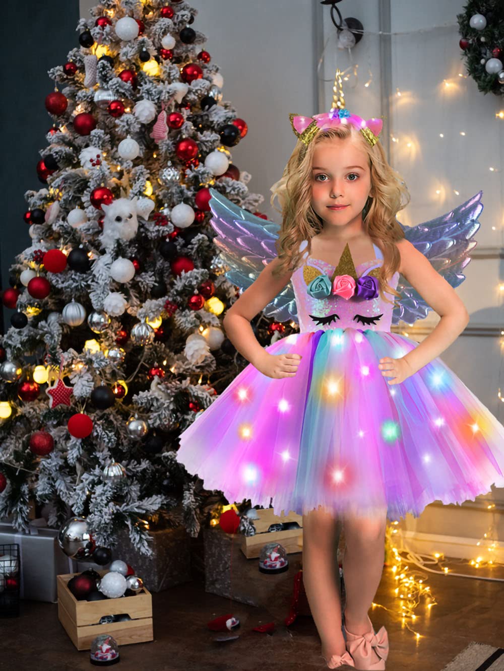 Sparkle Unicorn Princess Costume for Girls - LED Light Up Tutu Dress for Birthday Parties, Halloween, Christmas & Dress Up - Perfect Gift for Kids & Toddlers