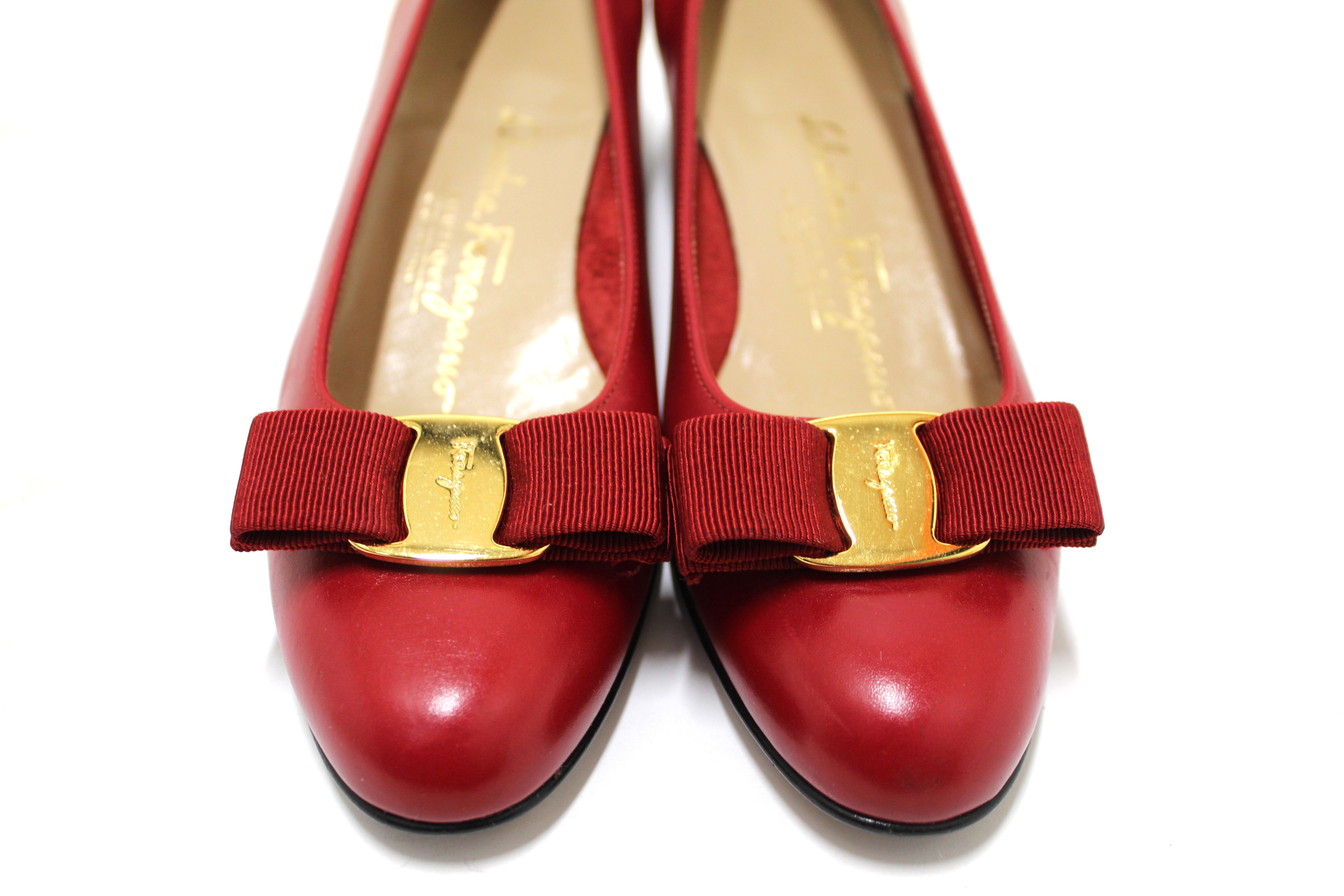 Authentic Salvatore Ferragamo Women's Red Leather Kitten Heel Pumps with Bow - Size 6B (US) - Perfect for Office, Cocktail Parties & Special Occasions