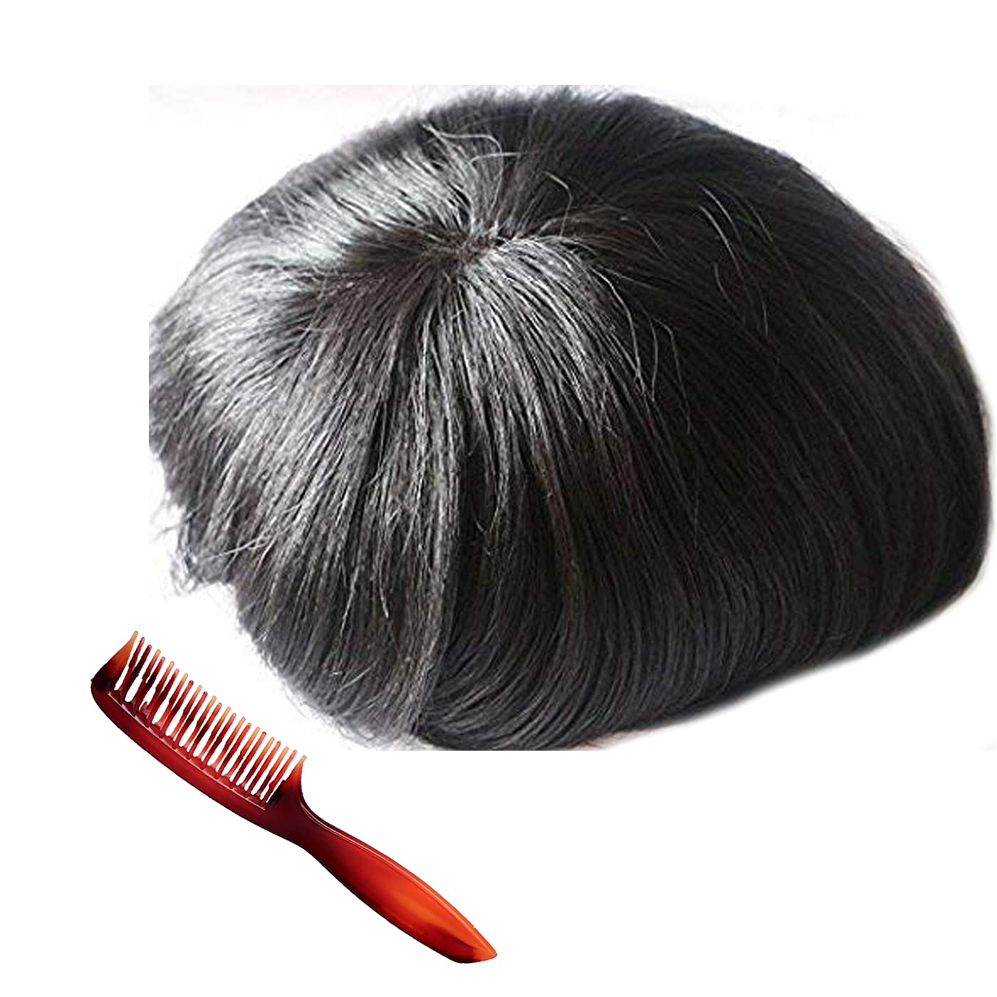 Premium Mono Lace Toupee for Men - 100% Human Hair Replacement System with Small Tape & 4 Clips (9x7 Inch, Natural Black Brown) - Ideal for Daily Wear, Hair Loss Solutions & Styling for Men & Boys