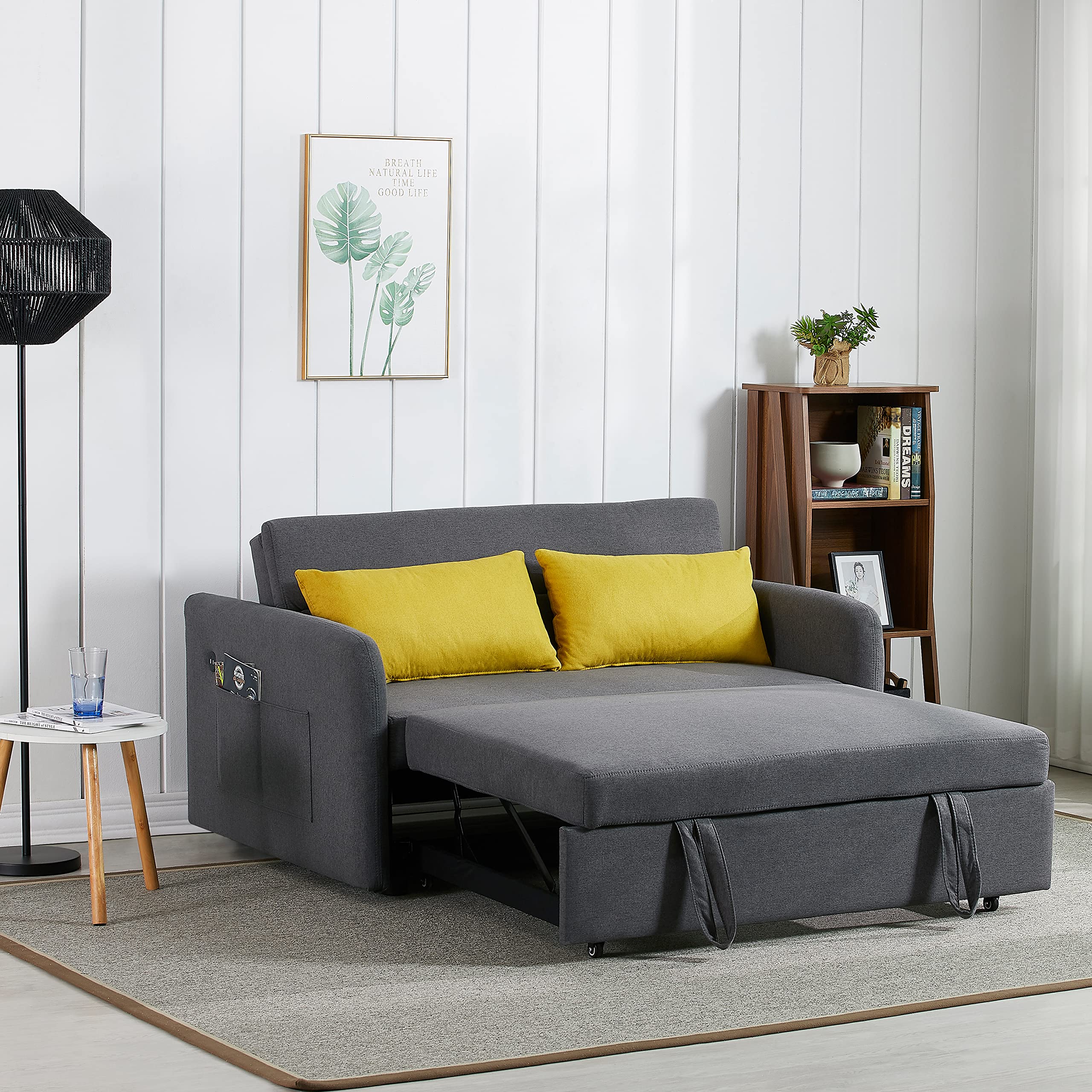 KLMM Modern Convertible Sofa Bed - Multi-Functional Adjustable Lounge Chaise Armchair with Arm Pocket, USB Port & 2 Pillows | Pull Out Sleeper Sofa for Living Room, Office & Small Spaces (Grey) | Perfect for Guest Rooms, Apartments & Home Theater Seating