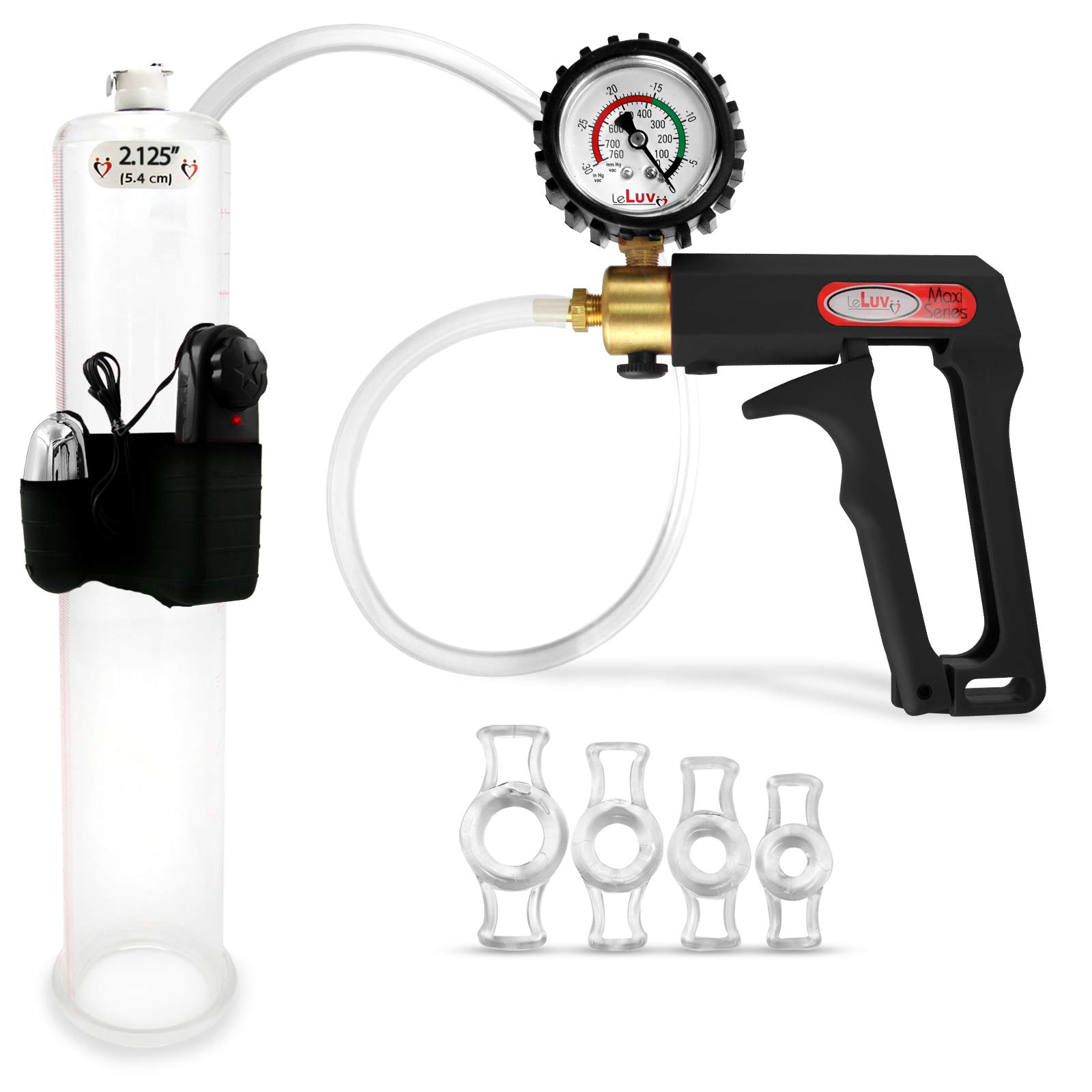 LeLuv Vibrating Penis Pump with Maxi Black Handle & Protected Gauge - Includes Clear Hose & 4 Sizes of Constriction Rings (12