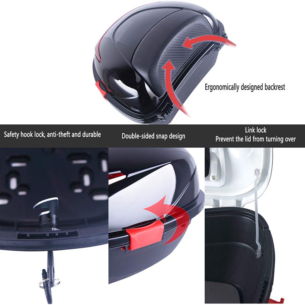 Universal Motorcycle Rear Top Box - 37x32.5x24.5cm Hard Storage Case with Lock for Helmet & Luggage - Waterproof Tail Trunk for Motorbike, Moped, Scooter - Perfect for Commuting, Touring & Daily Storage