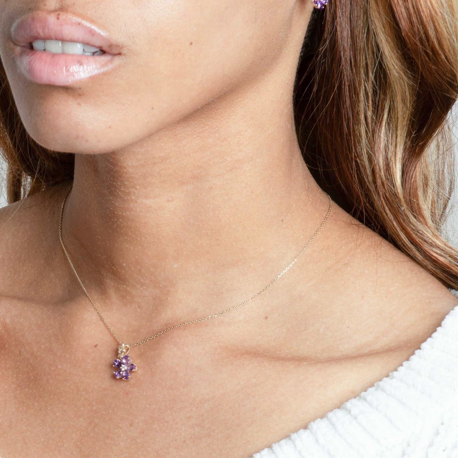 10k Yellow Gold Amethyst & White Sapphire Double Flower Drop Pendant Necklace - Elegant Jewelry Gift for Women, Perfect for Weddings, Anniversaries & Special Occasions
