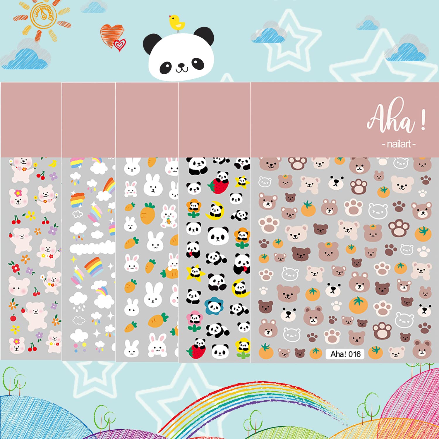 ACDE 5 Sheets Cute Cartoon 3D Nail Art Stickers - Rainbow Clouds, Bear, Rabbit, Panda Designs - Self-Adhesive Nail Decals for Women, Girls, Kids - DIY Manicure, Party, Salon, Birthday Nail Decorations