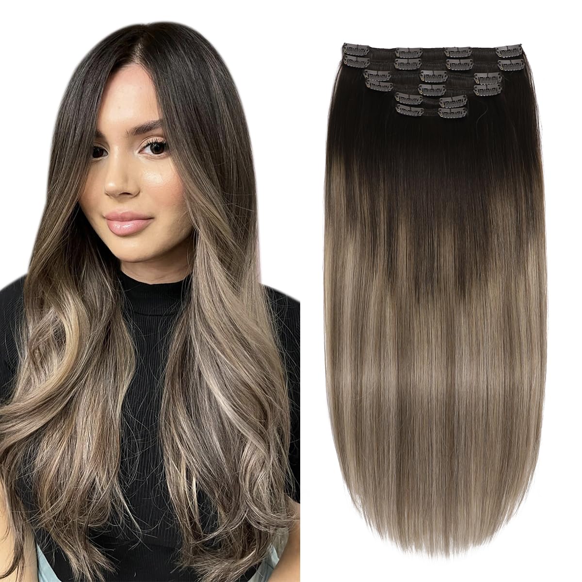 Silky Straight Clip-in Remy Human Hair Extensions for Women - 18 Inch Natural Black Hair Weft for Length & Volume - Perfect for Parties, Weddings & Daily Styling