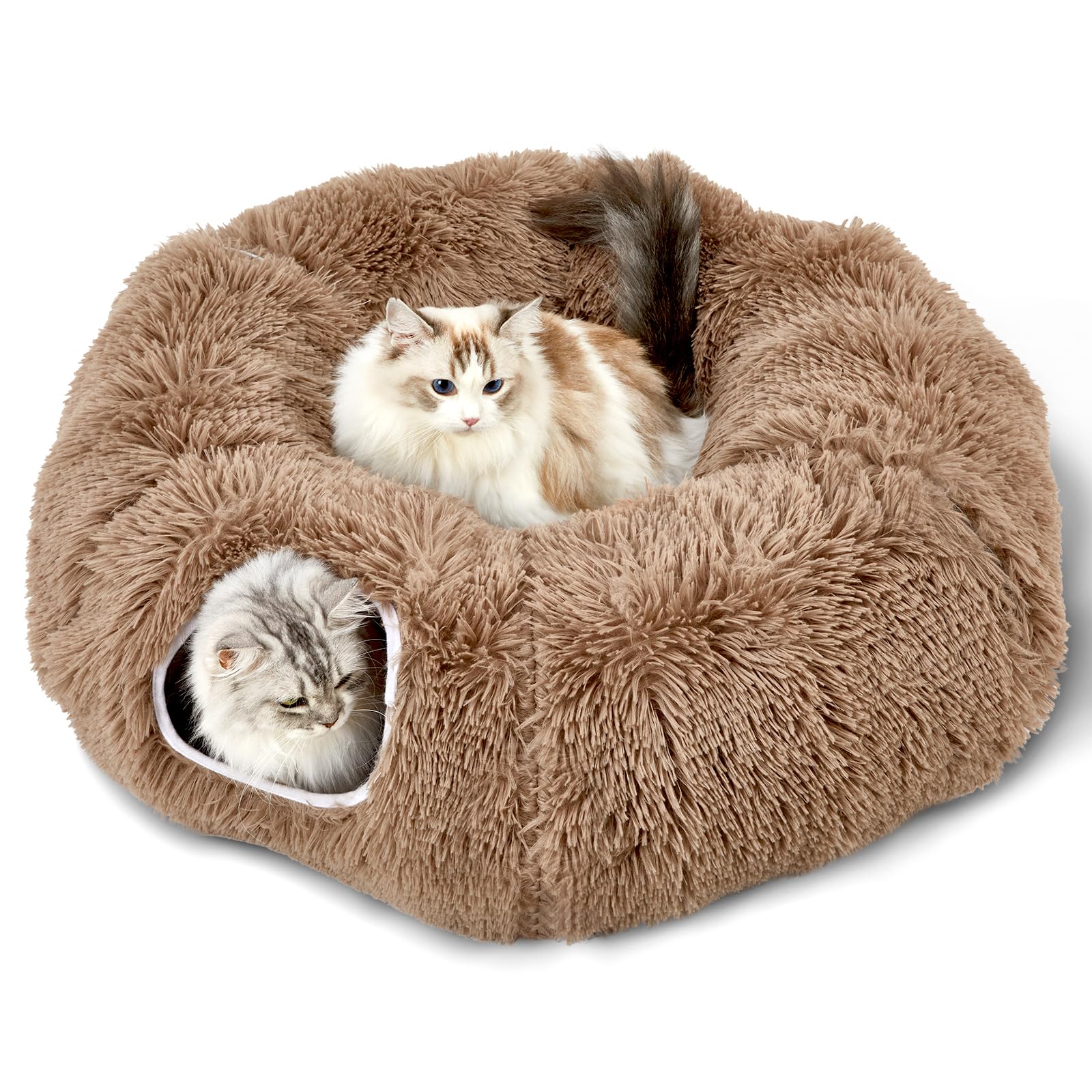 Washable Cat Tunnel Bed for Indoor Cats - 34 Inch Peekaboo Cat Cave with Donut Tunnel & Soft Circle Cushion - Cozy Playhouse for Kitty Hideouts, Napping & Interactive Play (Brown)