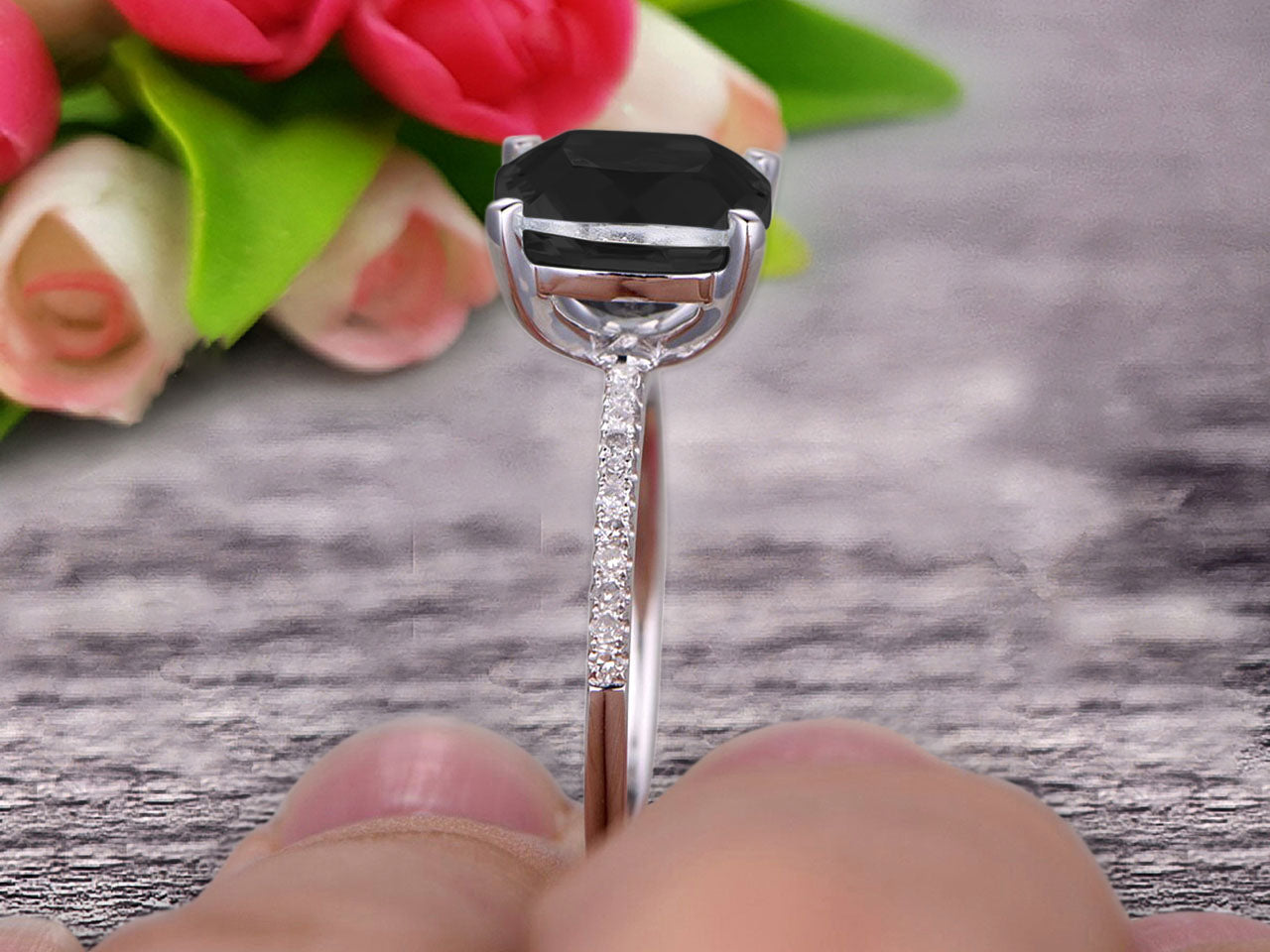 1.25 Carat Cushion Cut Black Diamond Moissanite Engagement Ring in 10k White Gold - Perfect for Proposals, Anniversaries & Special Occasions