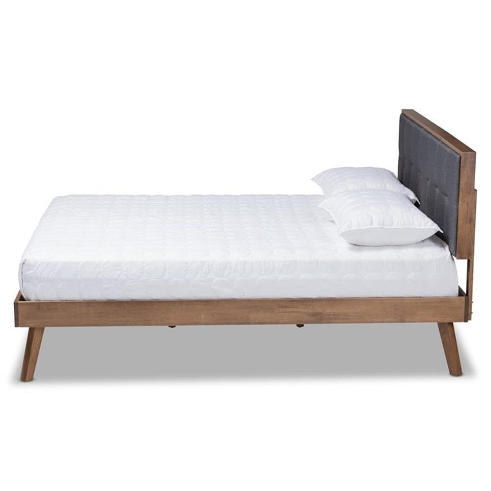 BOWERY HILL Queen Size Platform Bed with Dark Gray Fabric Upholstery and Walnut Finish - Perfect for Modern Bedrooms, Guest Rooms & Small Spaces