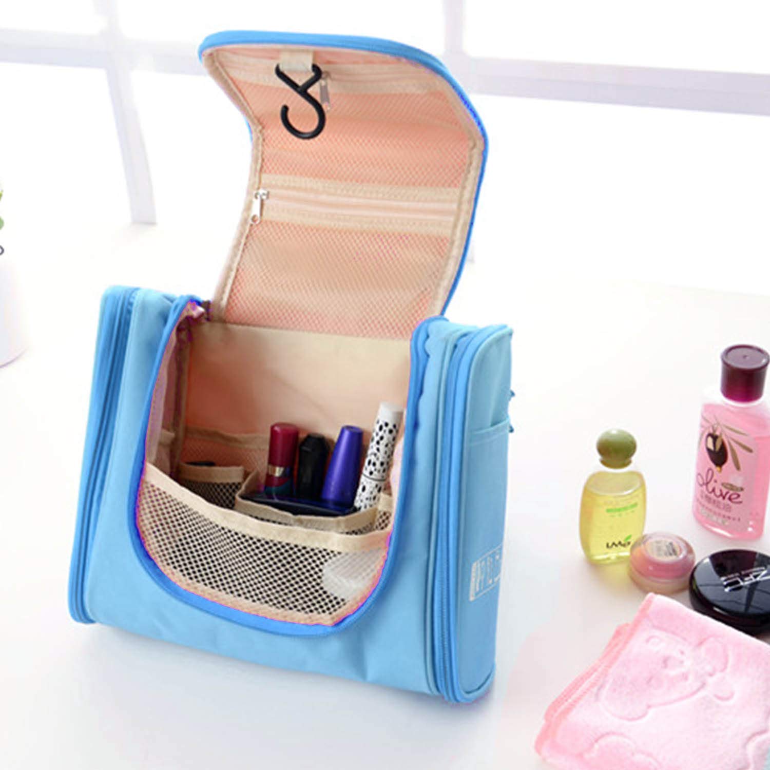Waterproof Hanging Toiletry Travel Bag for Women - Portable Makeup & Cosmetics Organizer with Multiple Pockets (Baby Blue) - Perfect for Bathroom, Gym, Camping & Air Travel