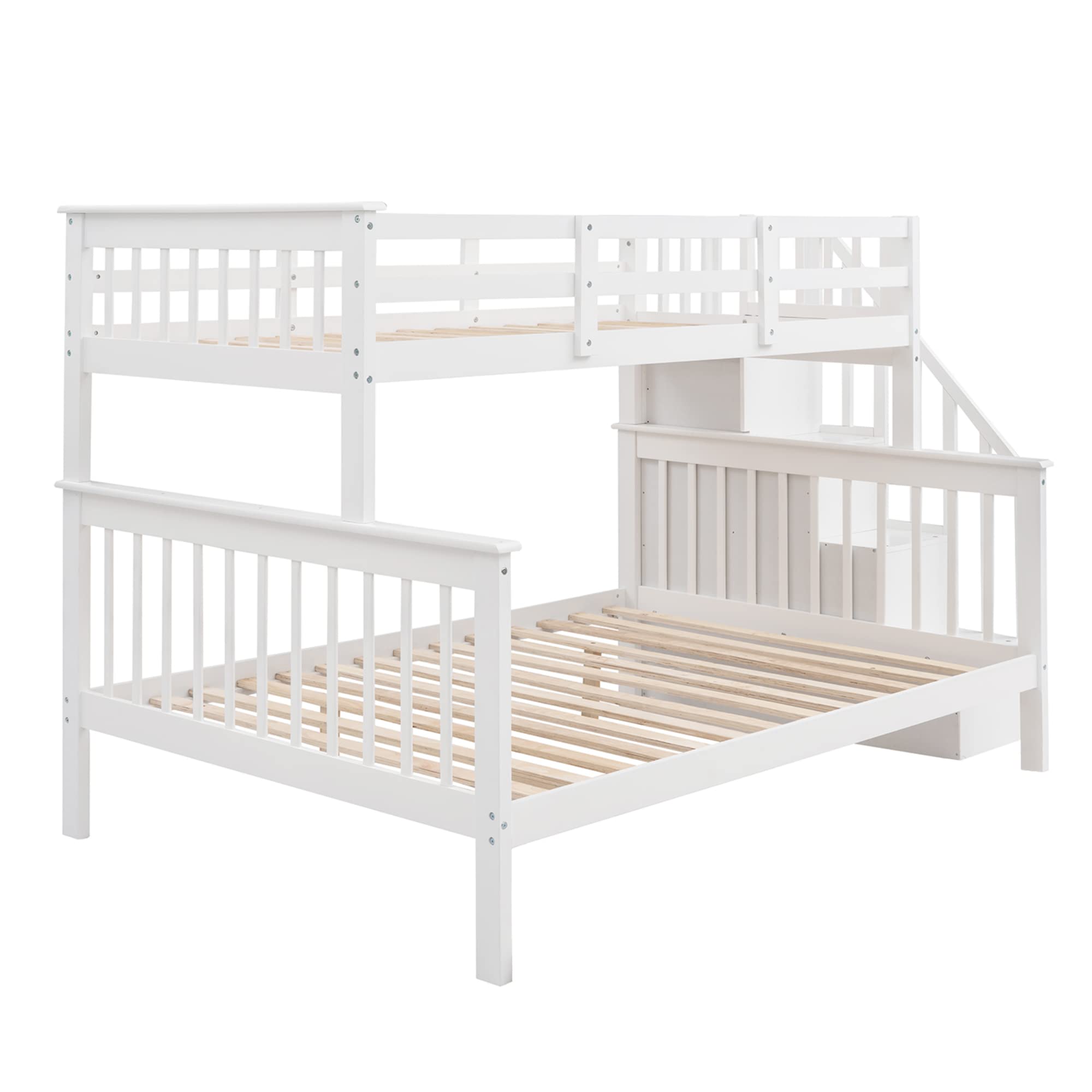 Upgraded Solid Wood Twin Over Full Bunk Bed with Storage Stairs & 4 Shelves | Convertible to 2 Separate Beds | Safety Guard Rail | No Box Spring Needed | Perfect for Kids & Teens Bedrooms, Guest Rooms & Small Spaces (White)
