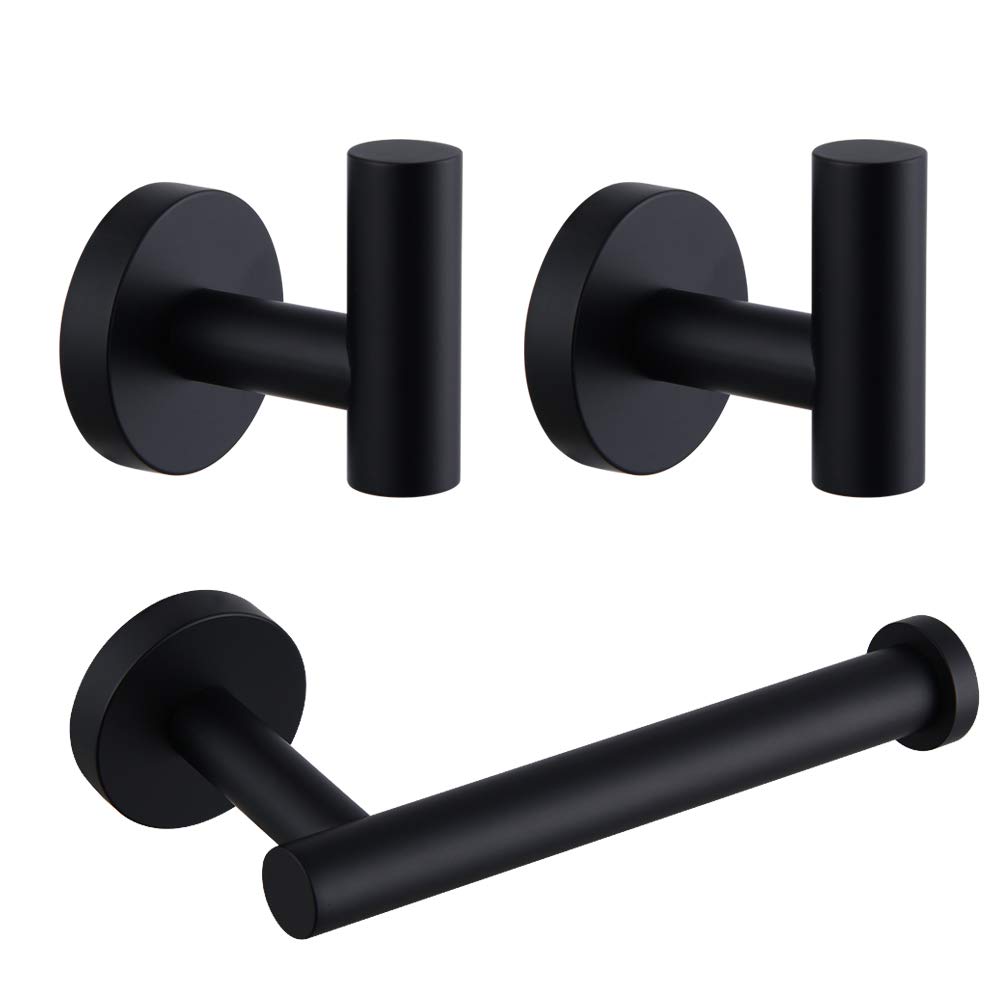 Premium Matte Black Bathroom Accessories Set - 3-Piece SUS 304 Stainless Steel Wall Mounted Kit with Toilet Paper Holder & 2 Robe Hooks - Modern Bathroom Hardware for Home, Hotel & Spa Decor
