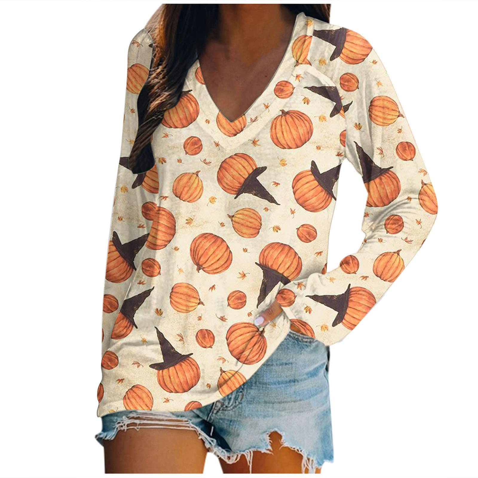 Halloween T-Shirts for Women - Long Sleeve V-Neck Casual Tunic Tops with Fashion Print | Loose Fit Halloween Shirts for Parties, Costume Events & Fall Season