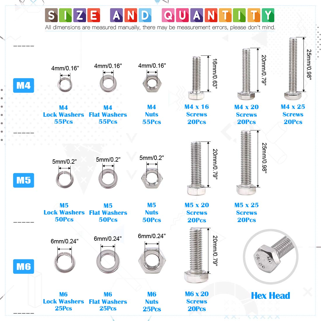 Glarks 510-Piece Stainless Steel Hex Head Flat Screws, Bolts, Nuts, Lock Washers & Flat Washers Assortment Kit - Ideal for DIY Projects, Furniture Assembly, and Home Repairs