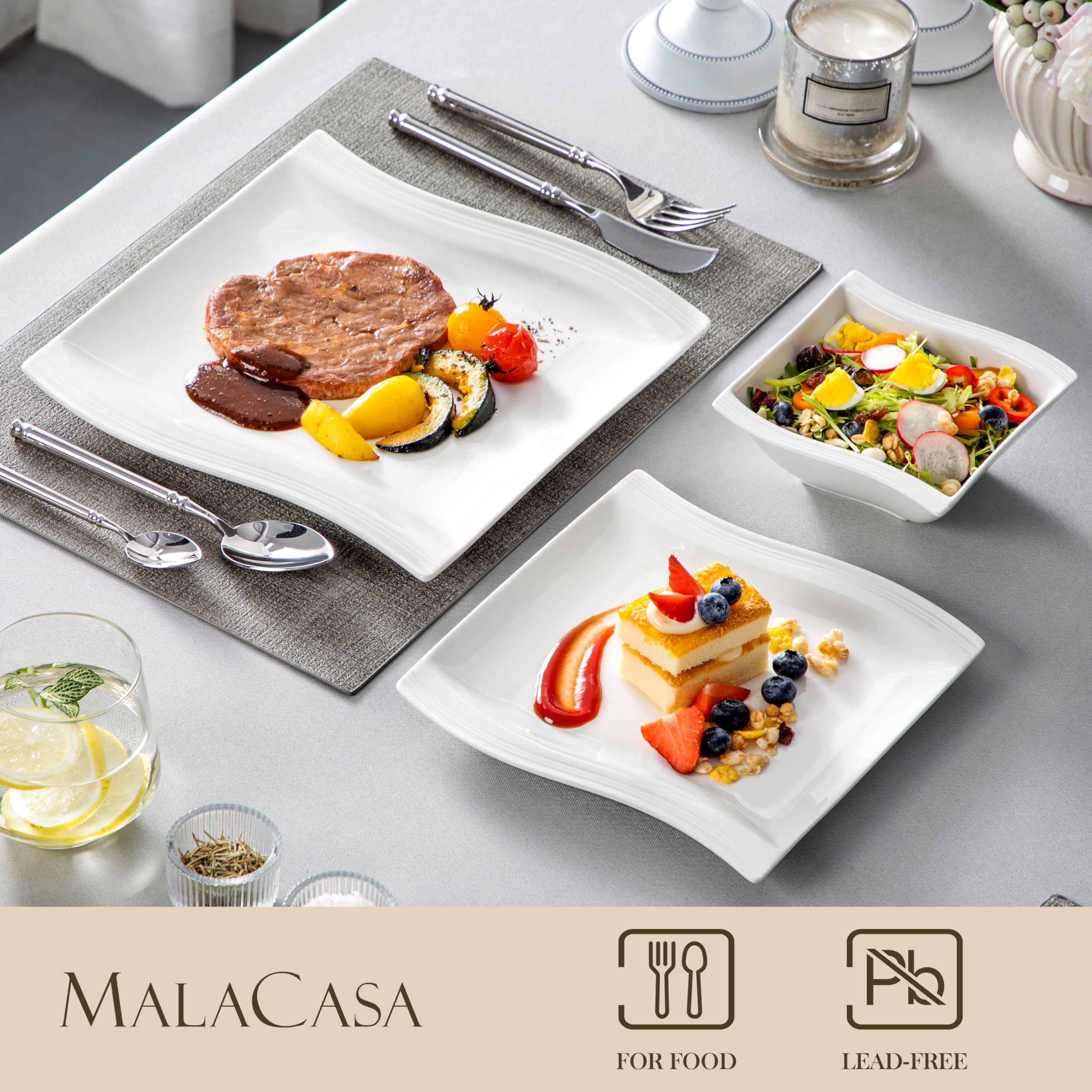MALACASA 12-Piece Ivory White Porcelain Dinnerware Set for 4 - Square Plates, Bowls & Dessert Plates | Elegant Flora Series | Perfect for Daily Meals, Dinner Parties & Home Decor