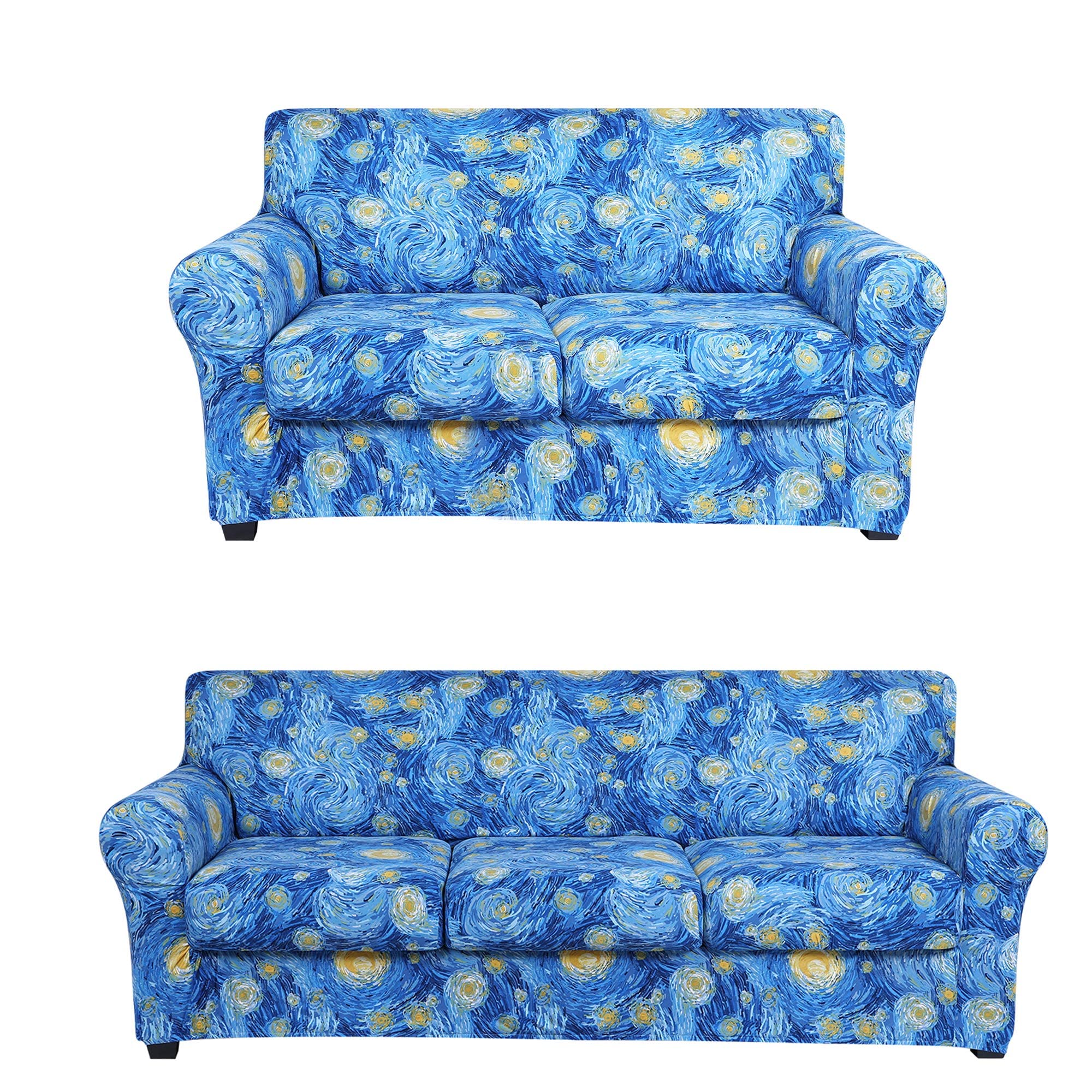 Hyha Printed Stretch Sofa Covers Set - 3 Cushion Couch Cover (72-96 inches) & Loveseat Cover (58-72 inches) - Starry Sky Design - Soft Elastic Fabric for Living Room, Bedroom, Dorm Decor - Easy to Install & Wash