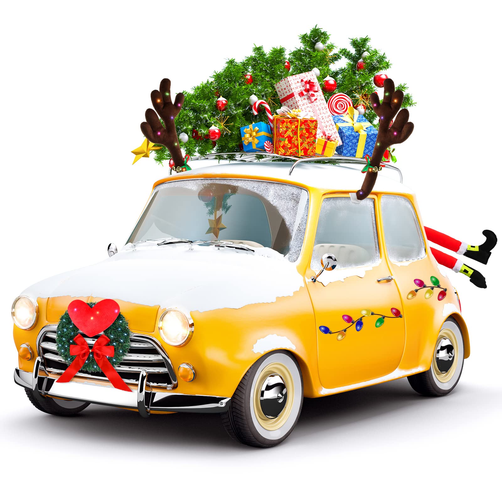 32 Pcs Christmas Car Decorations Kit - LED Reindeer Antlers, Wreath, Santa Hat & Leg, Reflective Bulb Lights for Car, Home, Office Xmas Decor - Perfect for Holiday Parties, Road Trips & Festive Gifts