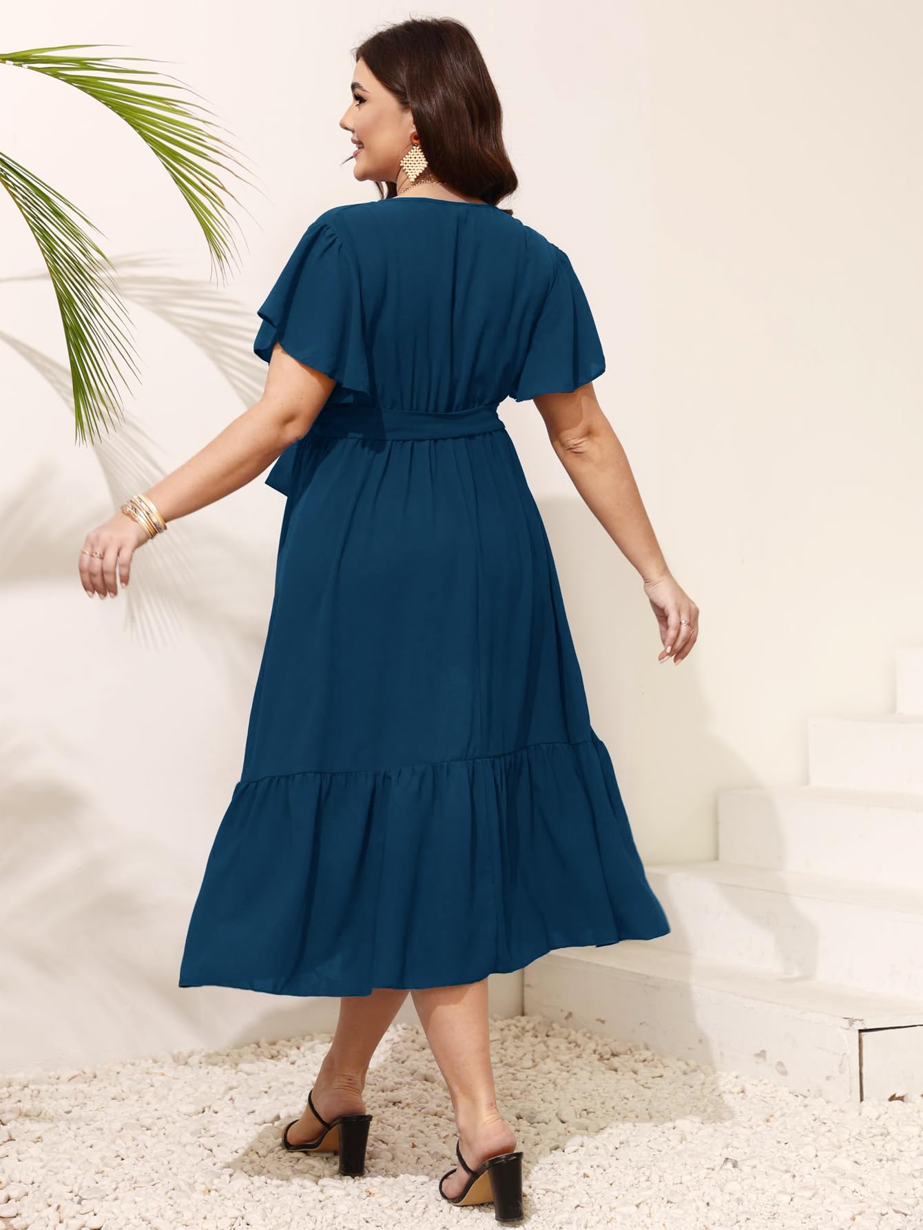Plus Size Wedding Guest Dress for Women - Summer Wrap V-Neck Short Sleeve Belted Ruffle Hem A-Line Flowy Maxi Dress | Perfect for Weddings, Parties & Special Occasions
