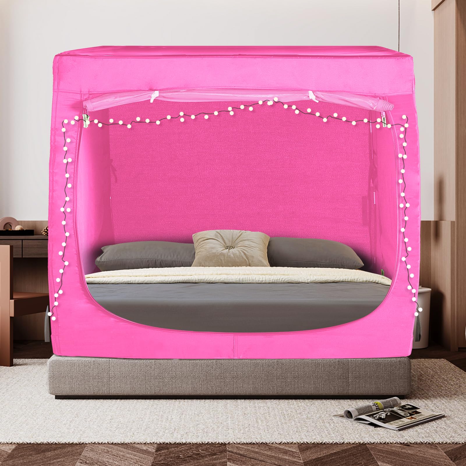 King Size Bed Tent Canopy - Portable Blackout Sleeping Tent for Adults & Kids, 70% Light Blocking with 3 Doors & Breathable Fabric (Pink) - Perfect for Camping, Bedroom Privacy & Cozy Indoor Sleepovers