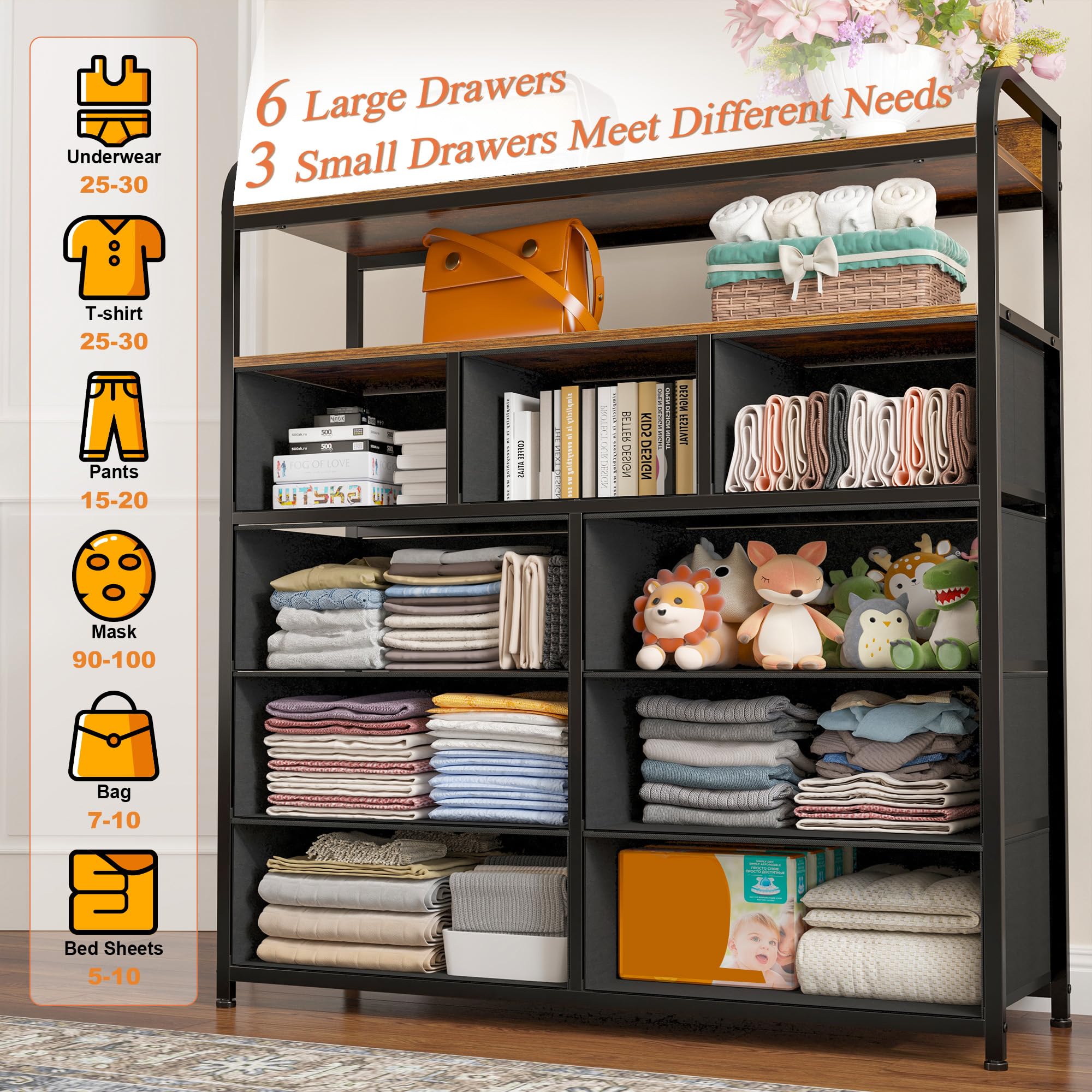 EnHomee 9-Drawer Tall Dresser for Bedroom - Rustic Brown Wooden Chest with 2 Open Shelves & Sturdy Metal Frame - Spacious Storage Solution for Clothes, Linens & Bedroom Organization - Perfect for Master Bedroom, Guest Room & Dorm Decor