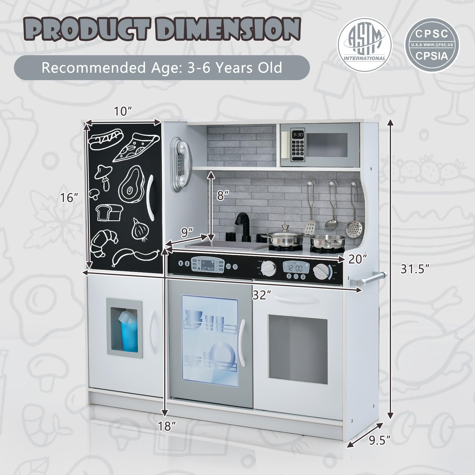 Costzon Wooden Kids Kitchen Playset with Blackboard, Telephone, Microwave & More - Pretend Play Kitchen Toy for Toddlers & Preschoolers Ages 3+ (Grey) | Perfect for Role Play, Birthday Gifts & Early Learning Development