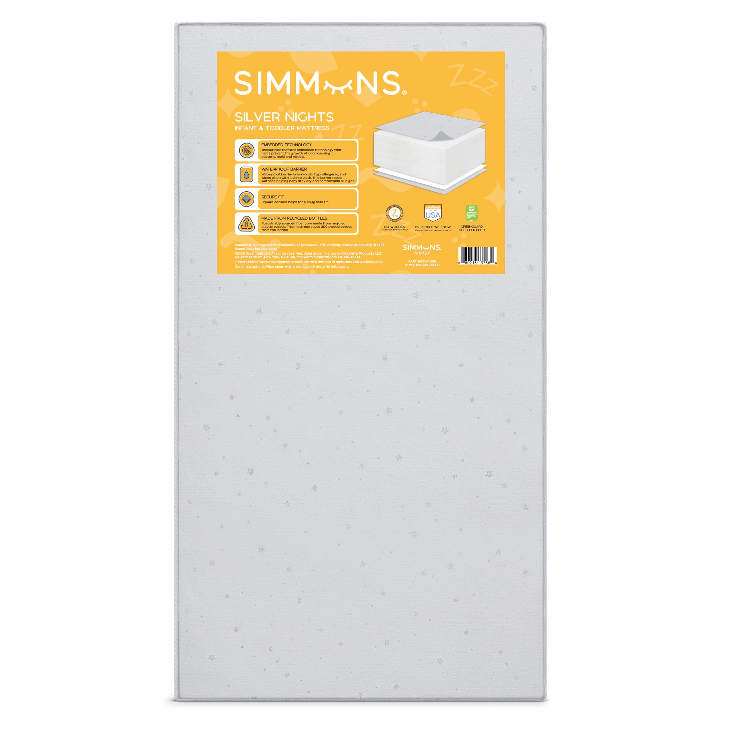 Simmons Kids Silver Nights Dual Sided 2-Stage Crib Mattress & Toddler Bed - GREENGUARD Gold Certified, Waterproof, Eco-Friendly Fiber Core - Grey | Safe Sleep Solution for Nursery & Daycare