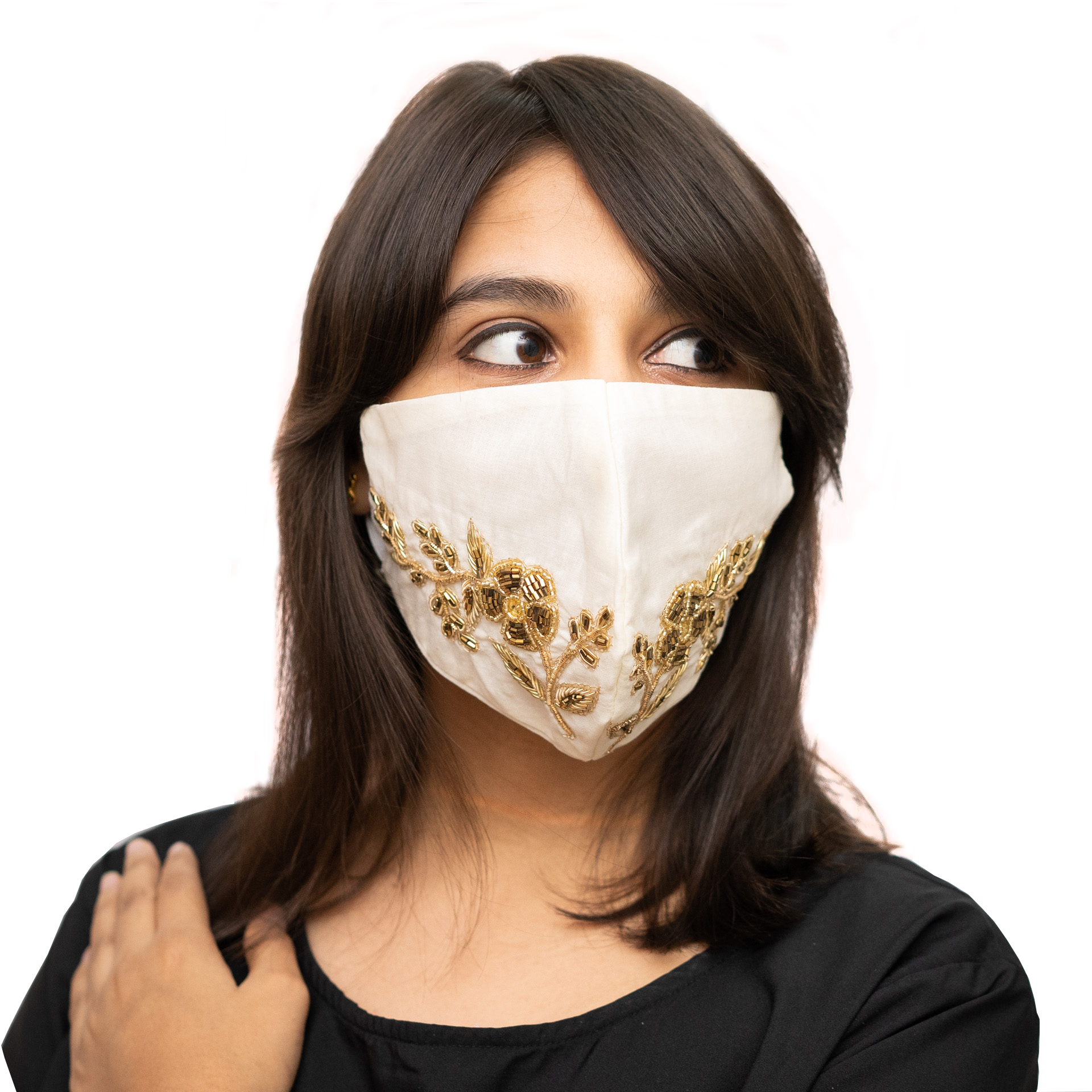 Floral Embroidered Cotton Face Mask - Soft & Breathable Cream Fabric for Daily Wear, Travel & Outdoor Activities