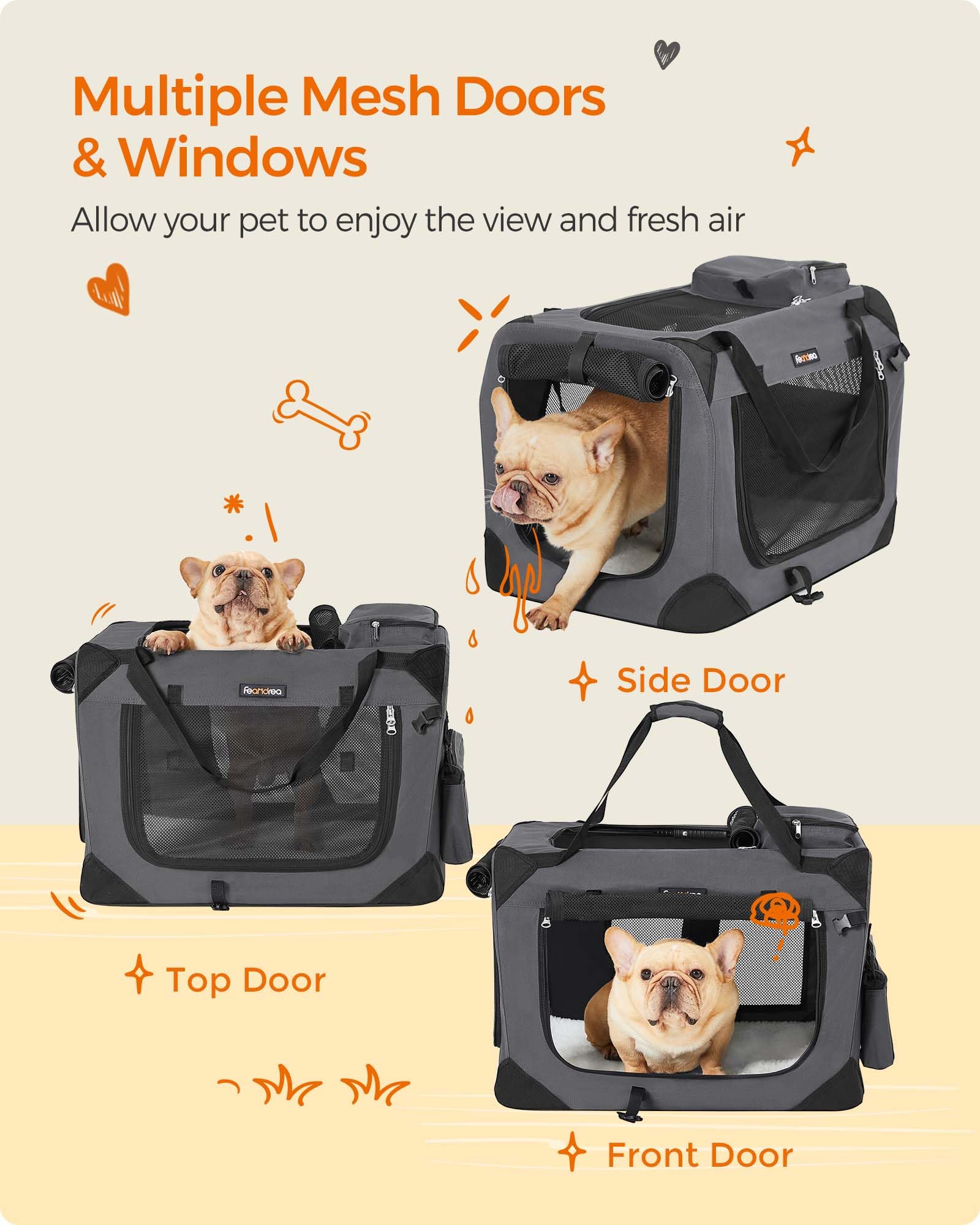 Feandrea 24 Inch Foldable Soft Dog Crate - Portable Pet Carrier for Travel, Camping & Home Use | Indoor/Outdoor Dog Kennel with Safety Zippers | Perfect for Living Room, Car, Road Trips & Outdoor Adventures (Gray, UPDC60GY)