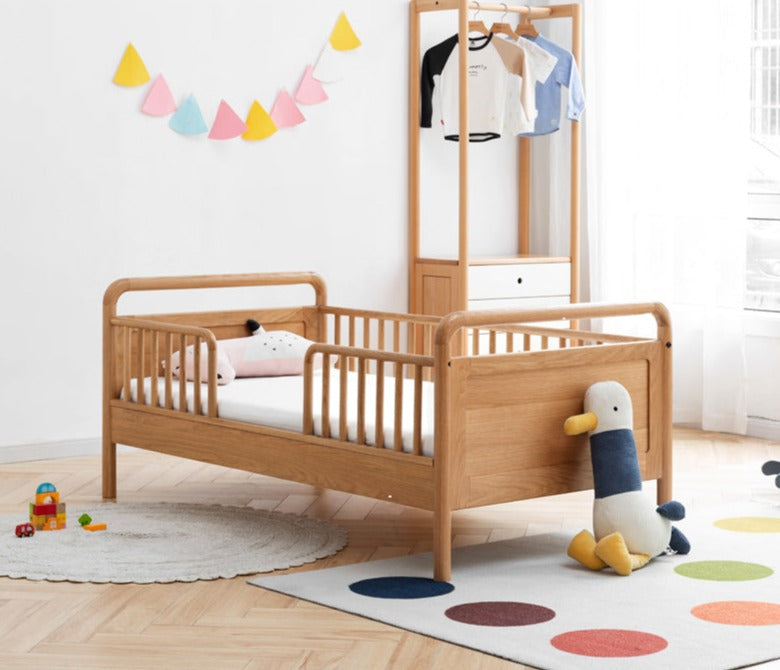 Premium Oak Solid Wood Toddler Bed - Convertible, Multi-Functional Kids Bed with Safety Rails | Perfect for Nursery, Daycare & Small Bedrooms