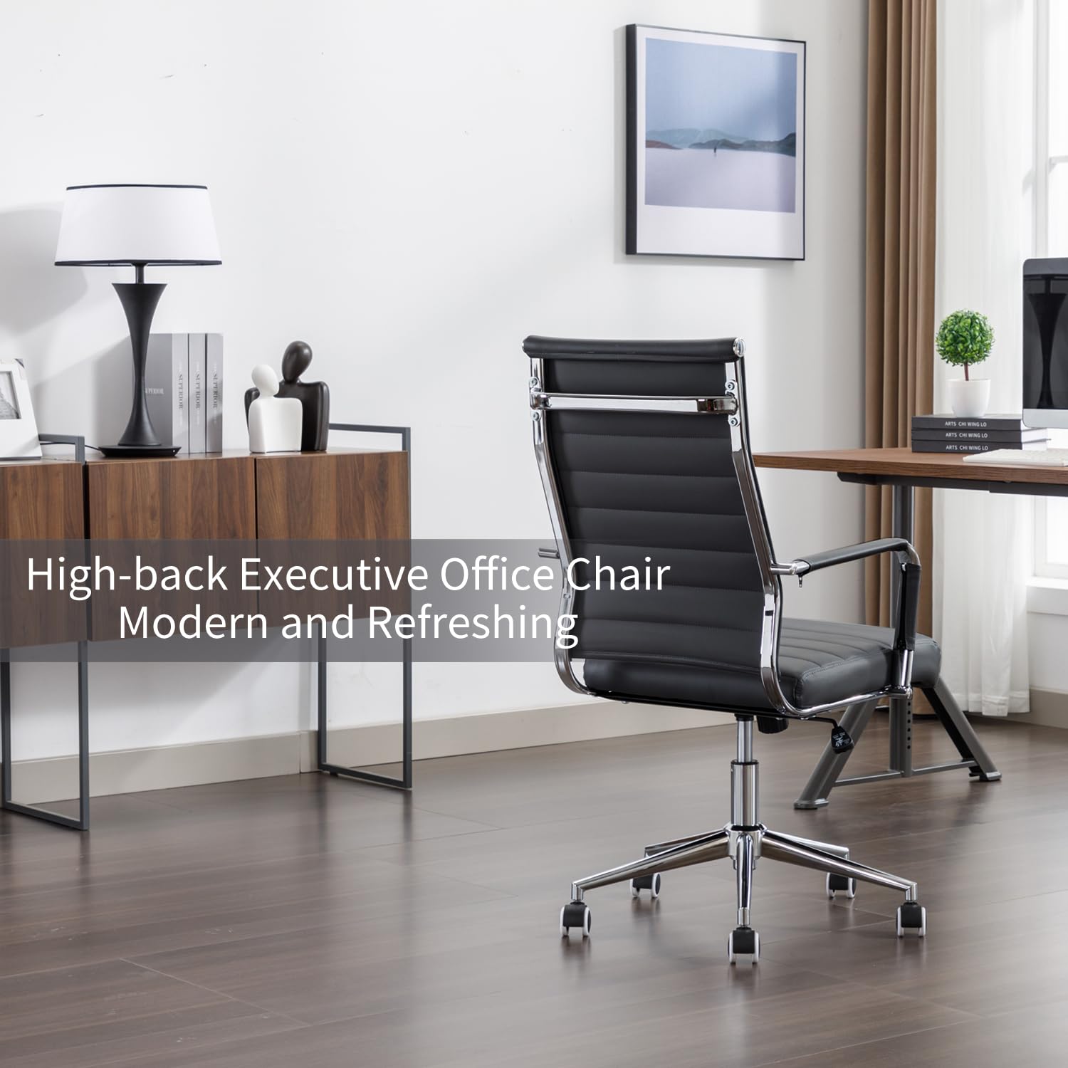 Premium Ergonomic Office Chair - Leather Executive Desk Chair with Wheels, Modern Ribbed Design for Conference Rooms & Home Offices (Black) - Ideal for Long Work Hours & Professional Workspaces