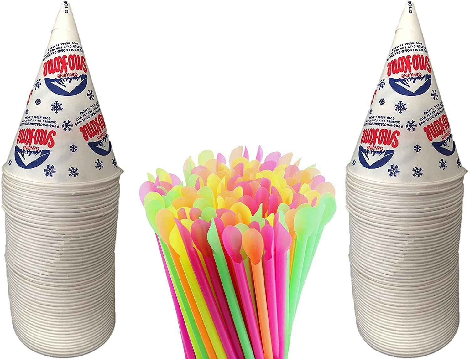 100 Pack 6oz Snow Cone Cups with 100 Neon Spoon Straws (200 Count Total) - Perfect for Summer Parties, Carnival Treats & Concession Stands