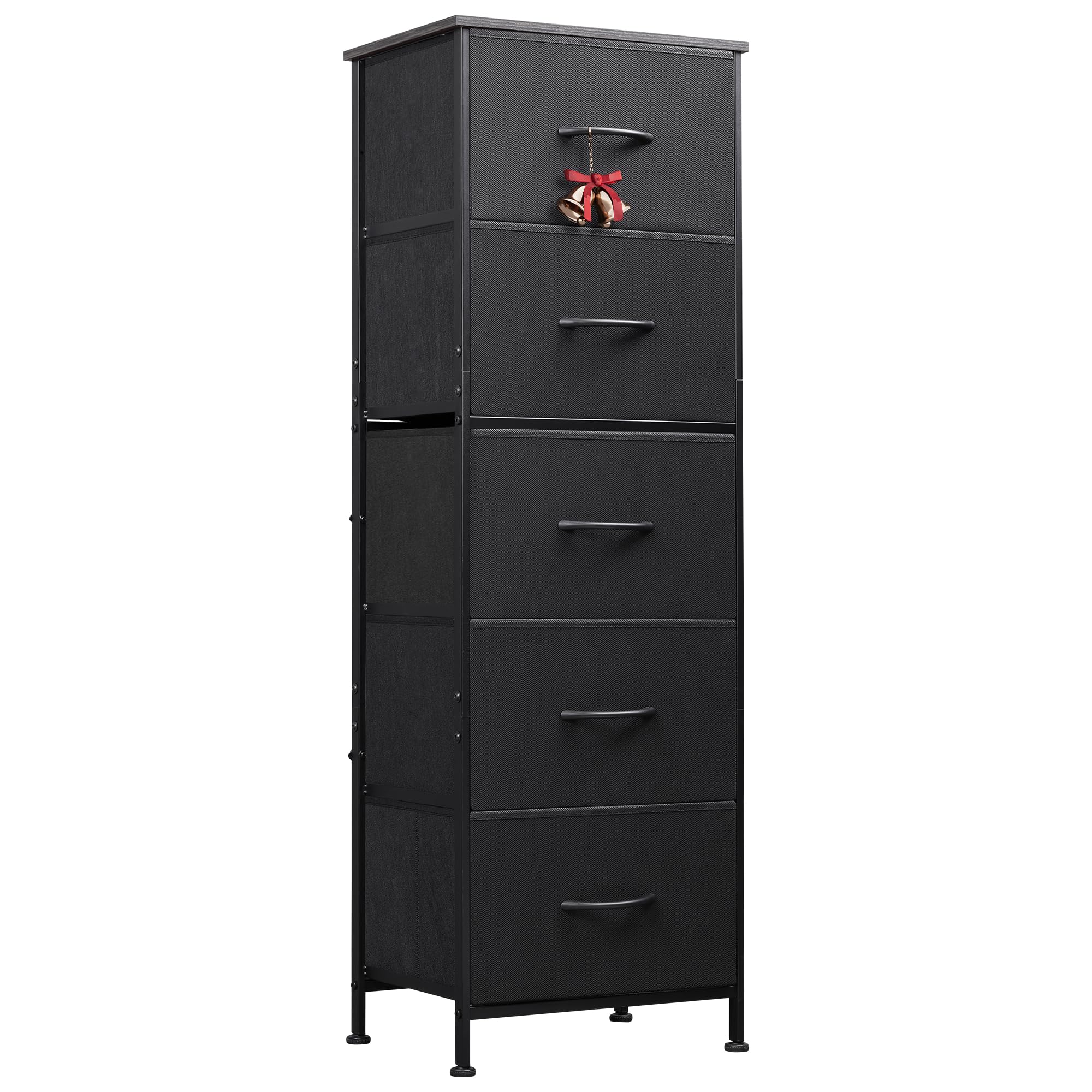 WLIVE 5-Drawer Fabric Dresser with Wood Top & Steel Frame - Tall Bedroom Storage Organizer with Fabric Bins - Space-Saving Chest of Drawers for Closet, Hallway or Nursery - Charcoal Black | Perfect for Small Spaces, Dorm Rooms & Apartment Organization