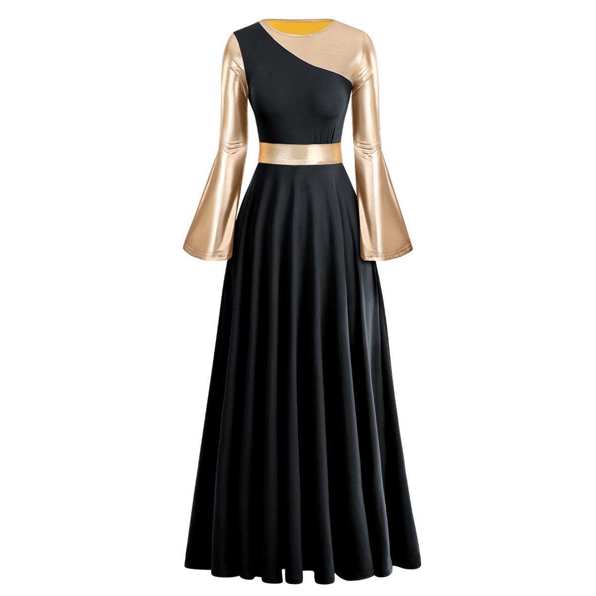 Metallic Praise Dance Dress for Women - Color Block Bell Sleeve Long Liturgical Worship Dress | Perfect for Church Performances, Gospel Choir & Spiritual Dance Events