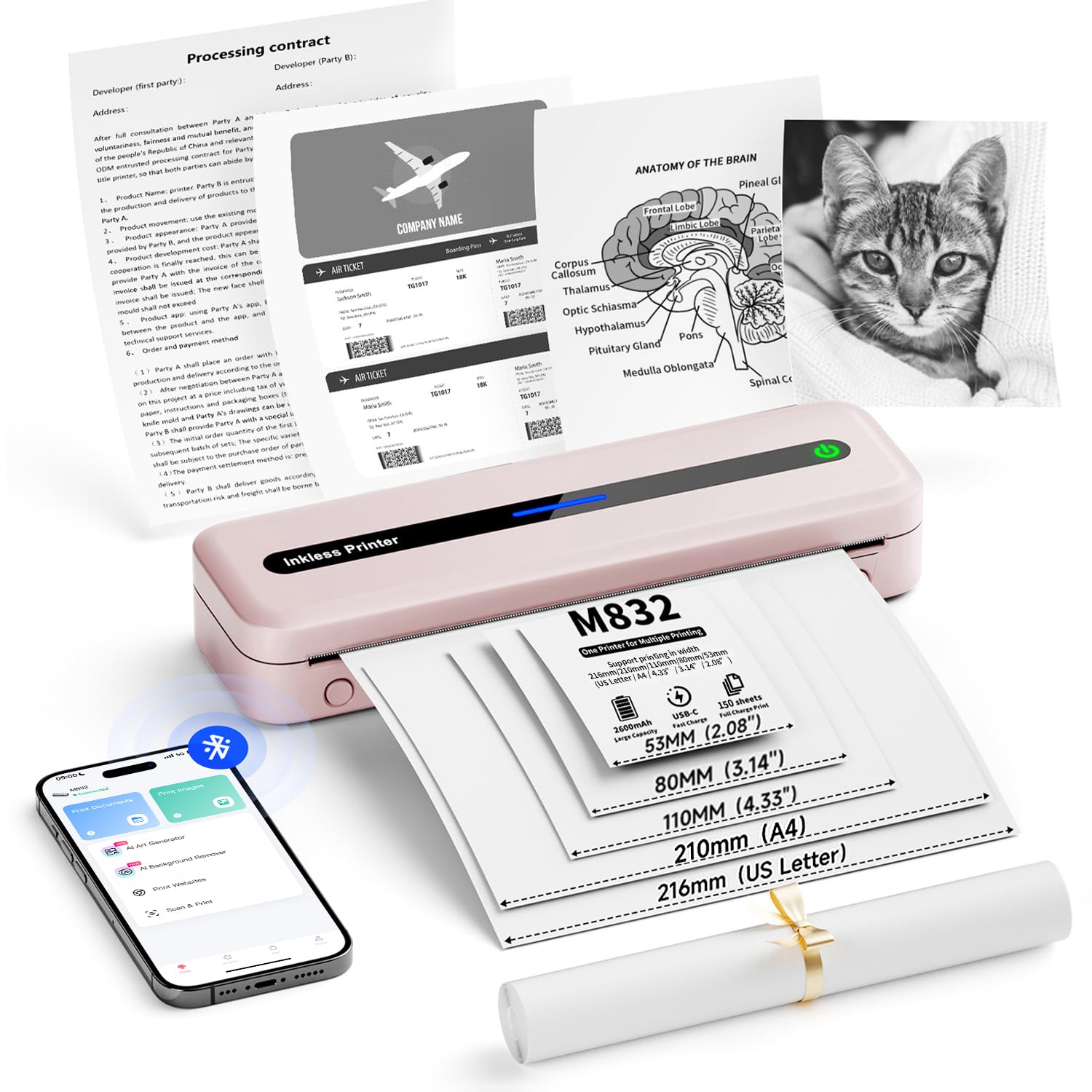 Itari Portable Wireless Thermal Printer - 304dpi A4 Inkless Printer for iPhone & Android | Multi-Size Printing | Home Office, School Projects & Travel Use | Pink