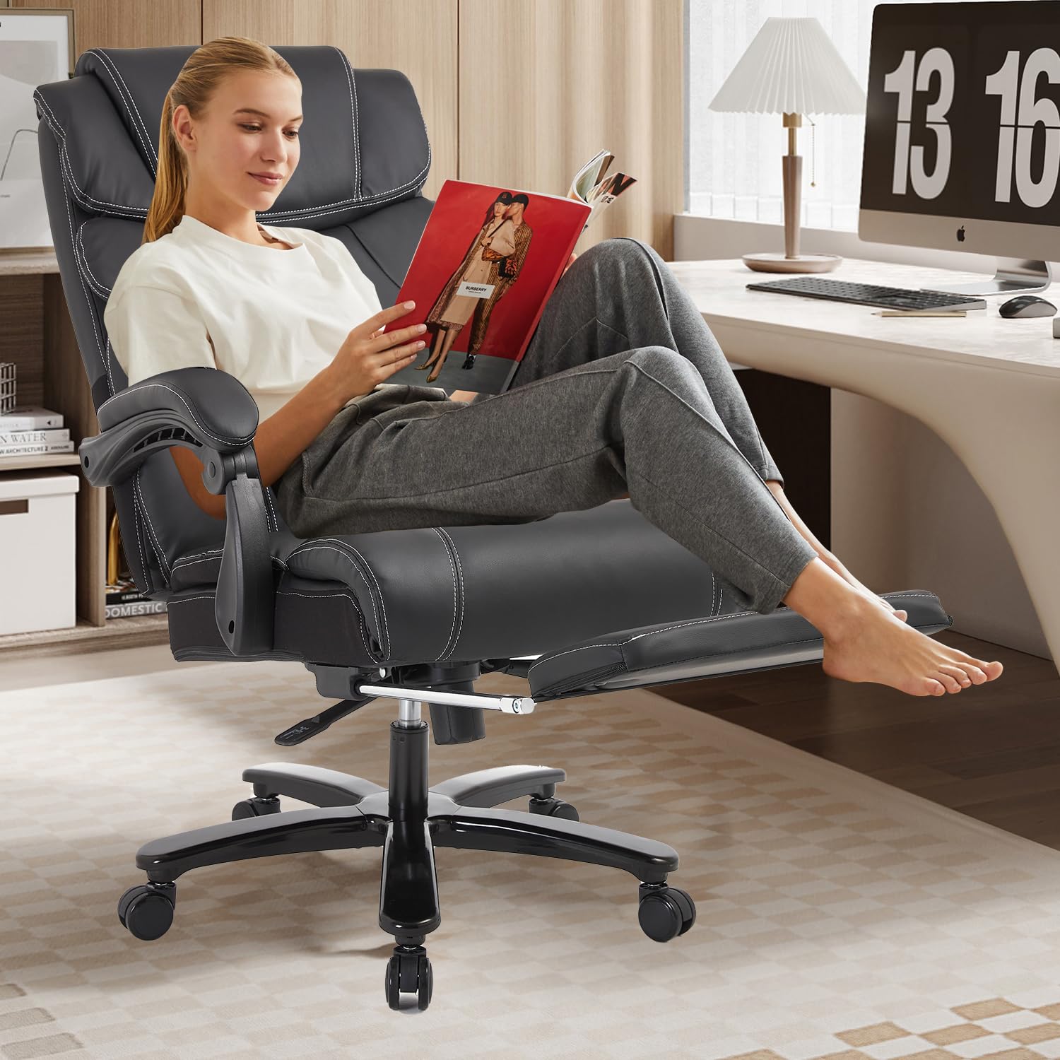 Premium KCREAM Reclining Office Chair with Footrest - Heavy Duty Big & Tall Executive Chair, 400lbs Capacity - Ergonomic Adjustable Back Support & Swivel for Home, Office & Gaming Use