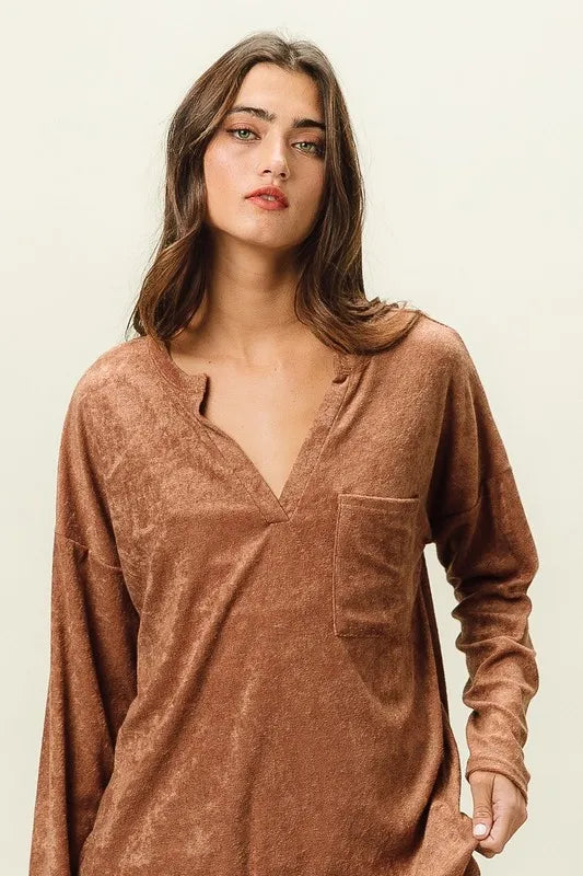 BiBi Loop Terry Solid V-Neck Pocket Top for Women - Soft Casual T-Shirt with Pocket for Everyday Wear, Gym, and Lounge