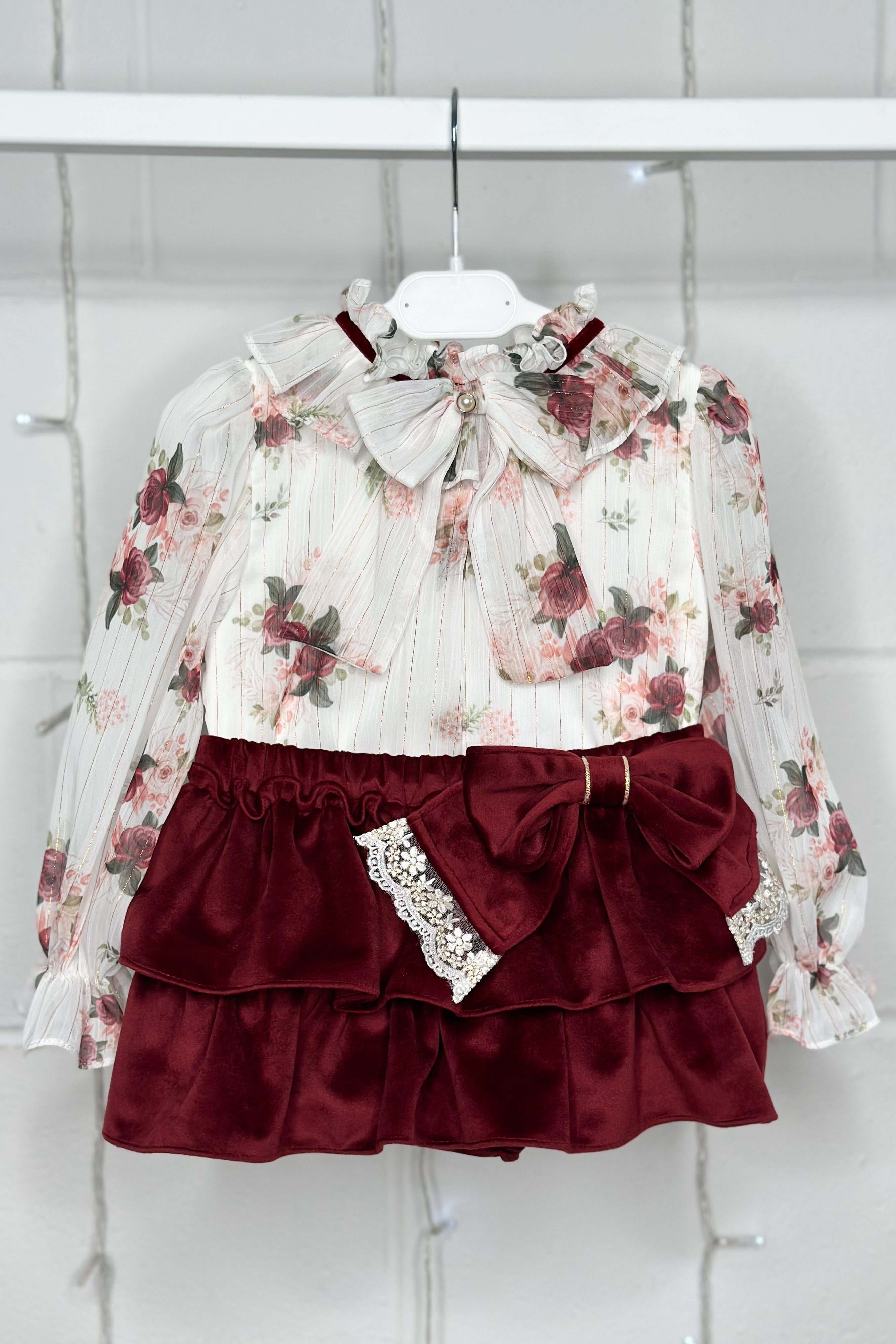 Elegant Violet Burgundy Floral Blouse & Velvet Skirt Set | Women's Fashion Outfit for Party, Wedding & Special Occasions