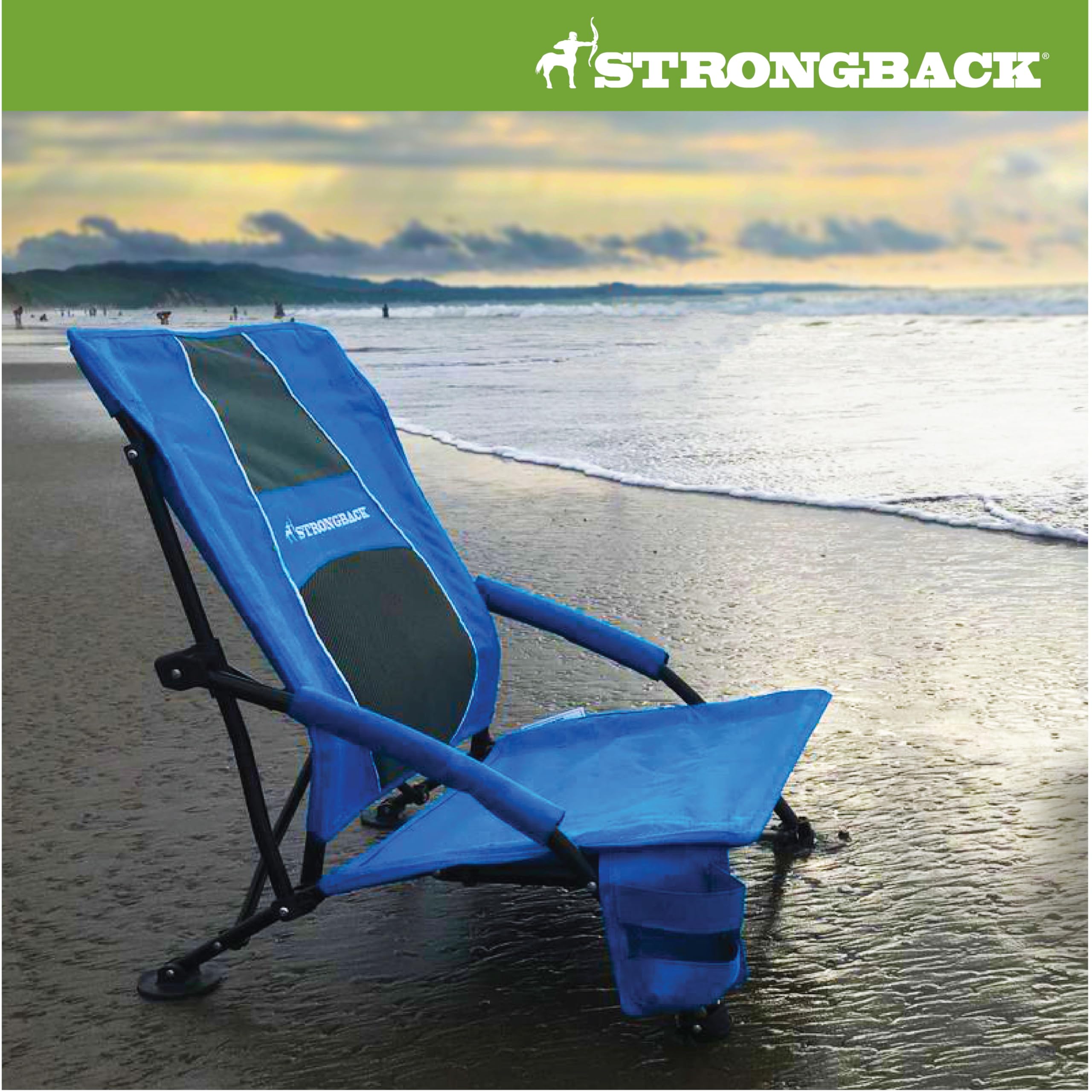 STRONGBACK Low Gravity Beach Chair with Built-in Lumbar Support - Heavy Duty Portable Folding Chair for Adults - Blue - Perfect for Beach, Camping, Backyard & Outdoor Relaxation