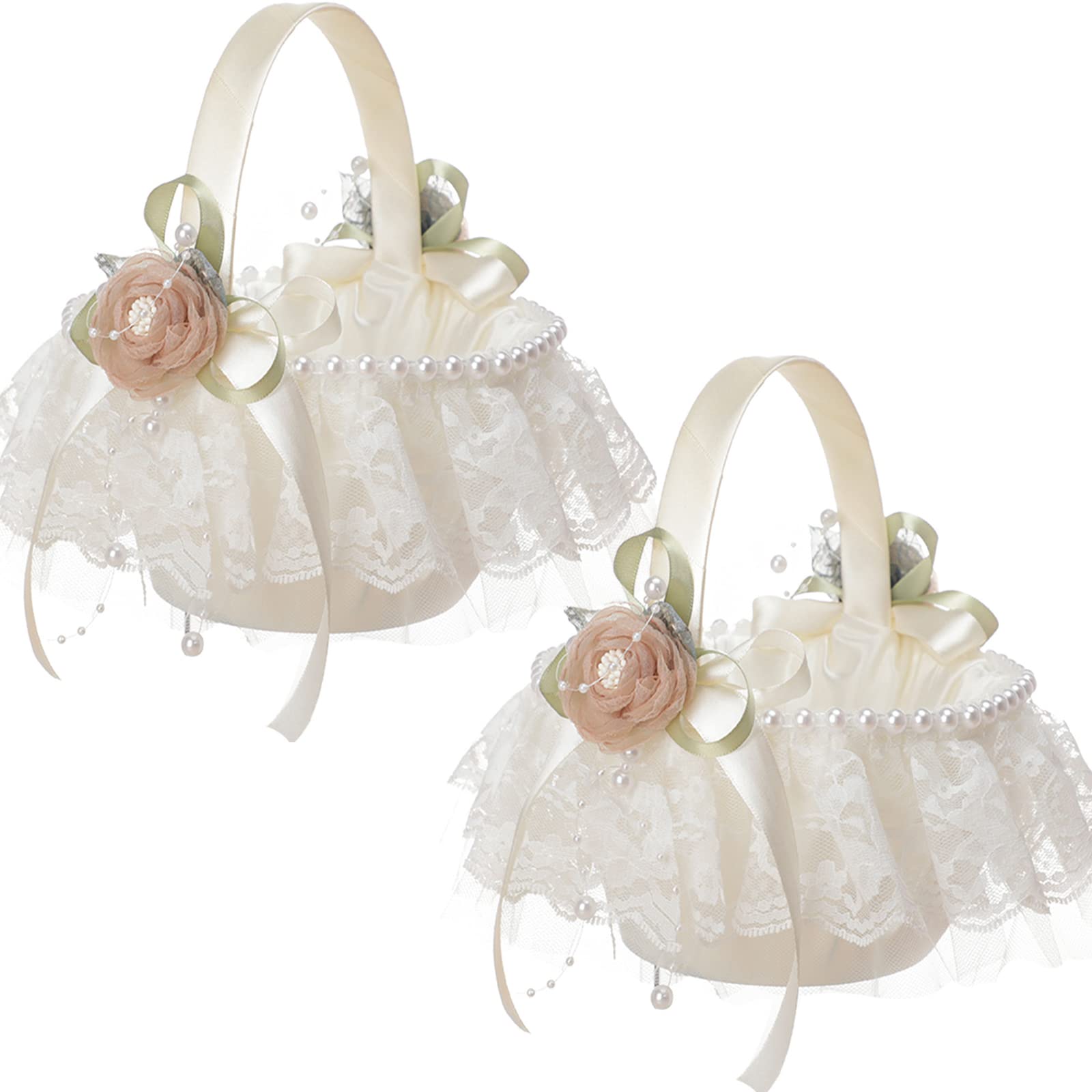 MSUIINT 2-Piece Ivory Wedding Flower Girl Basket Set with Handle - Elegant Lace Bow & Pearl Decorated Silk Cloth Basket for Bridal Ceremonies, Flower Girl Processions & Wedding Party Decorations