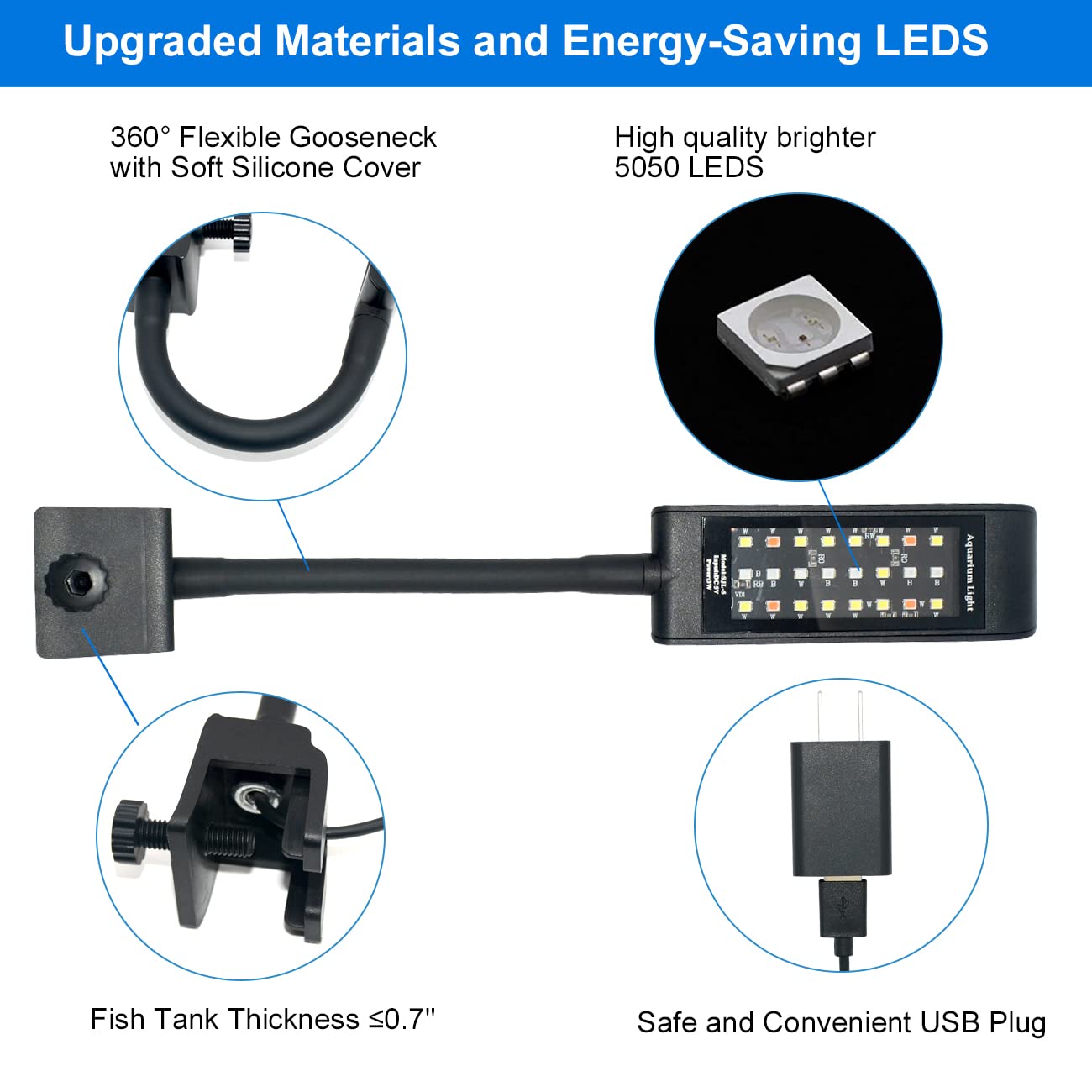 VARMHUS 4.8W LED Aquarium Light - Fish Tank Light with Full Spectrum for Aquatic Plants (Black) | Perfect for Freshwater & Saltwater Tanks, Planted Aquariums & Coral Reefs