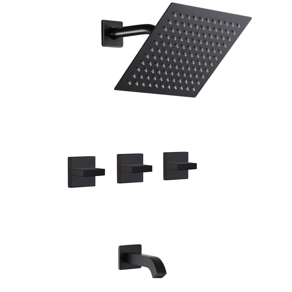 Matte Black 3 Handle Shower Faucet Set with Tub Spout - Wall Mounted Rainfall Shower System with Rough-in Valve - Bathroom Shower Trim Kit - Perfect for Modern Bathroom Renovations and Spa-Like Showers