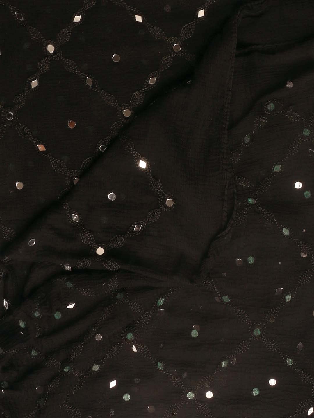 Elegant Black Embroidered Chiffon Dupatta with Mirror Work for Women | Perfect for Weddings, Parties & Festive Occasions | DUPATTA BAZAAR